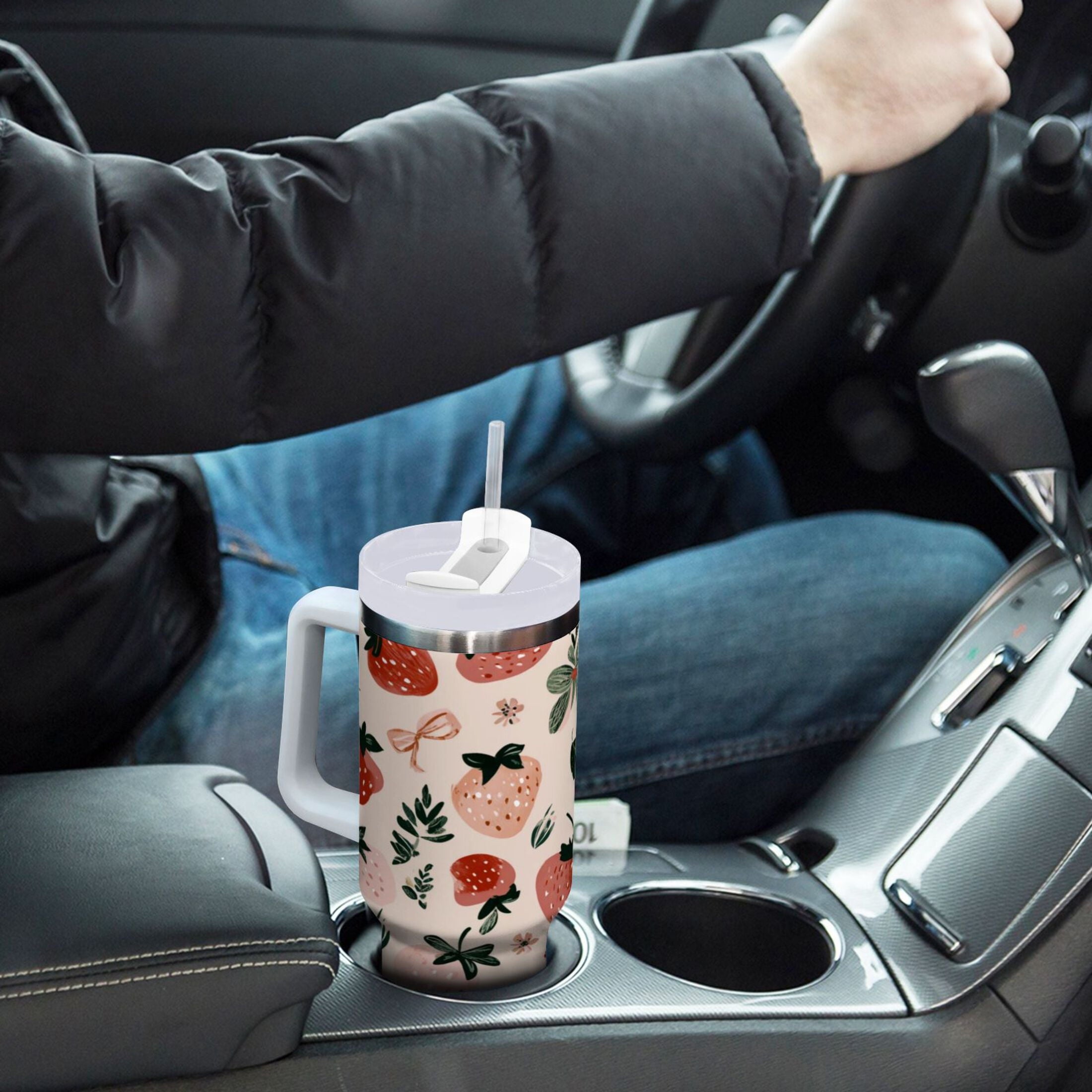 30 oz Insulated Stainless Steel Tumbler Double Wall Stainless Steel Tumbler with 2-Way Drinking Cute Pinks Strawberries - JPDO