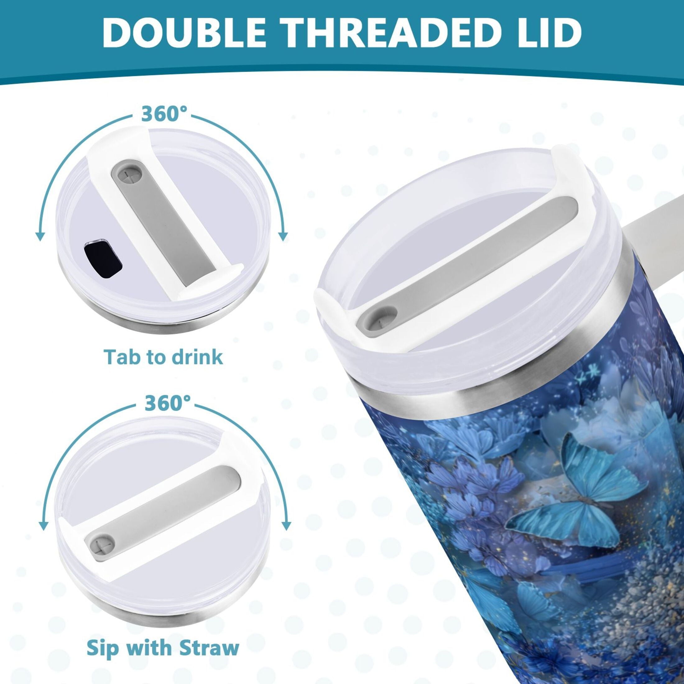 30 oz Insulated Stainless Steel Tumbler Double Wall Stainless Steel Tumbler with 2-Way Drinking Butterflies Books and Flowers - 4ABK