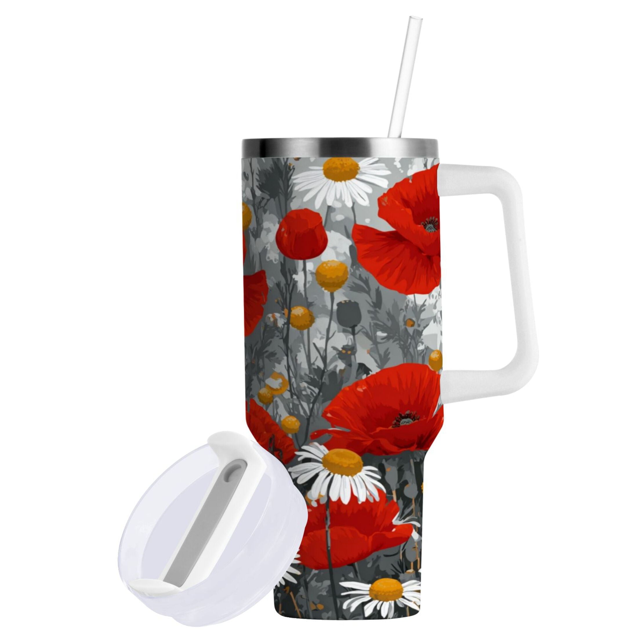 40 oz Insulated Stainless Steel Tumbler Double Wall Stainless Steel Tumbler with 2-Way Drinking Red Flowers and Daisies - EC6D