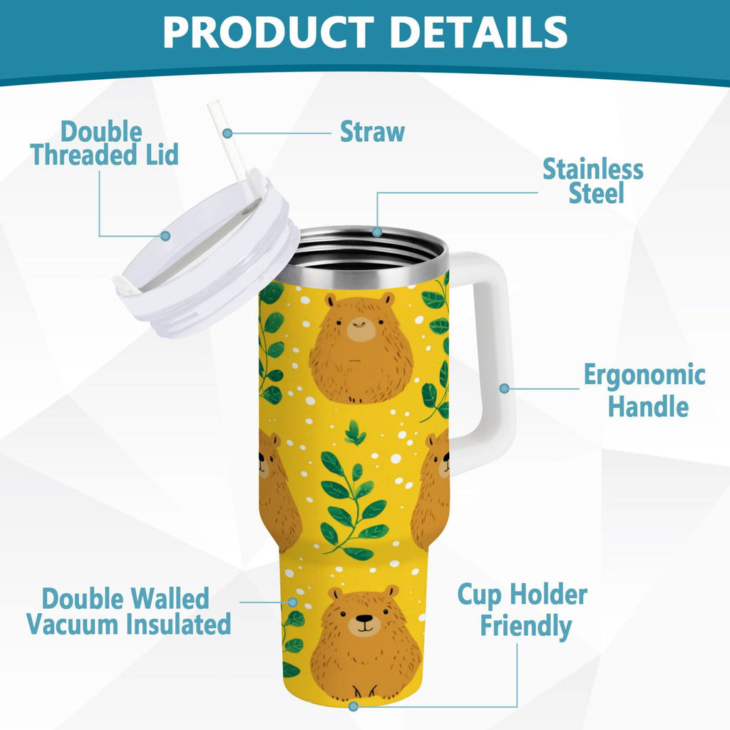 30 oz Insulated Stainless Steel Tumbler Double Wall Stainless Steel Tumbler with 2-Way Drinking Capybara and Green Leaves - 6K7W
