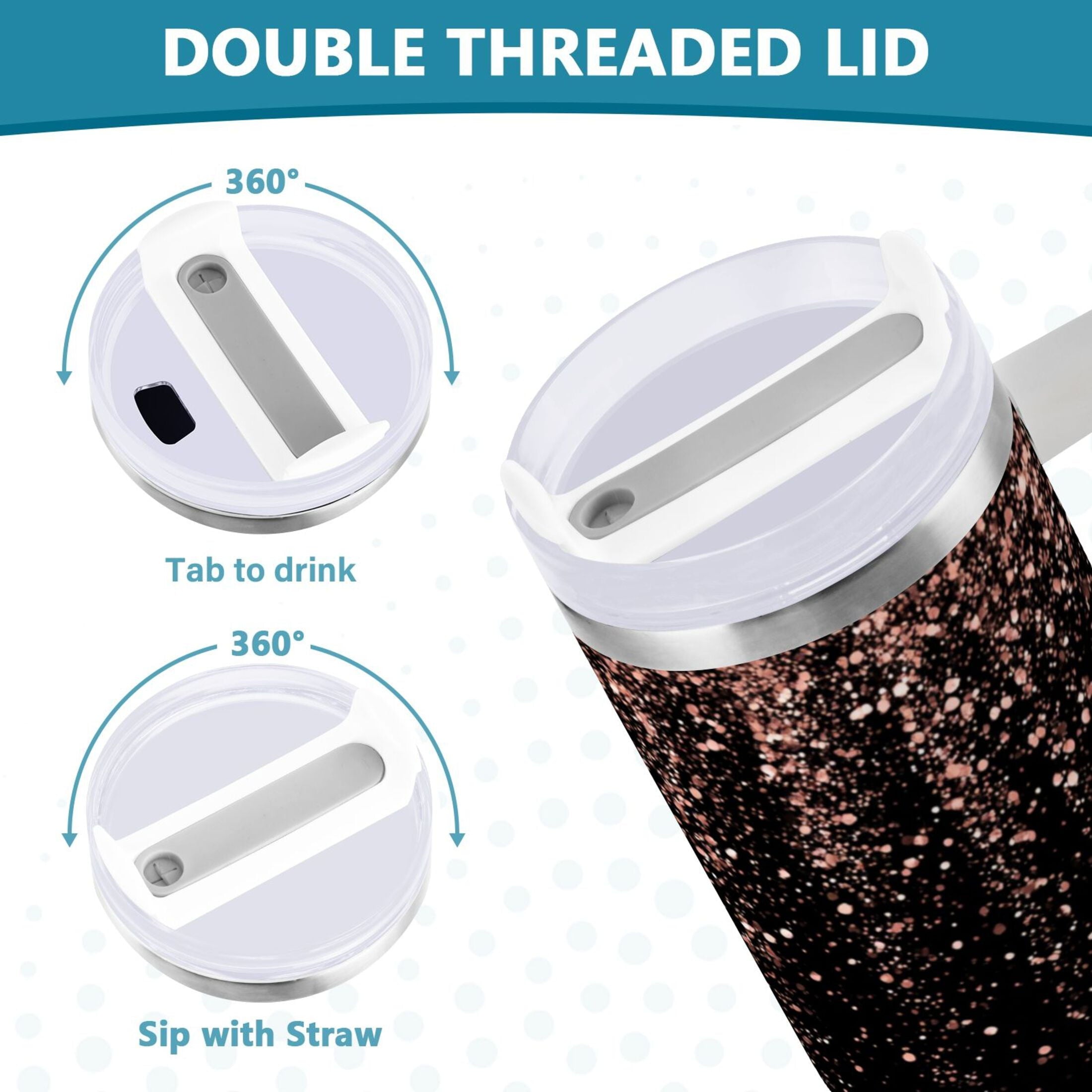 40 oz Insulated Stainless Steel Tumbler Double Wall Stainless Steel Tumbler with 2-Way Drinking Rose Gold Glitter - ATO6