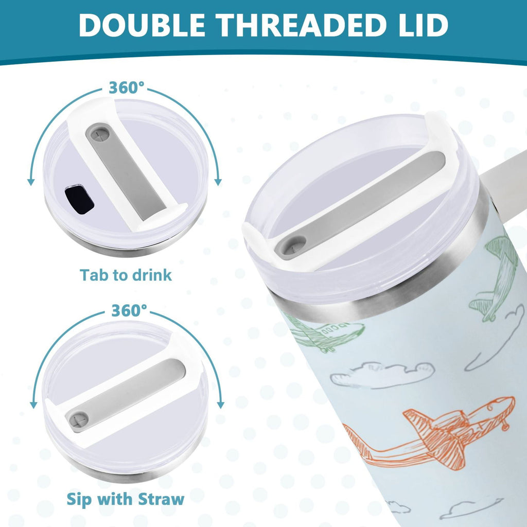 30 oz Insulated Stainless Steel Tumbler Double Wall Stainless Steel Tumbler with 2-Way Drinking Pastel Doodle Airplanes - BTKD