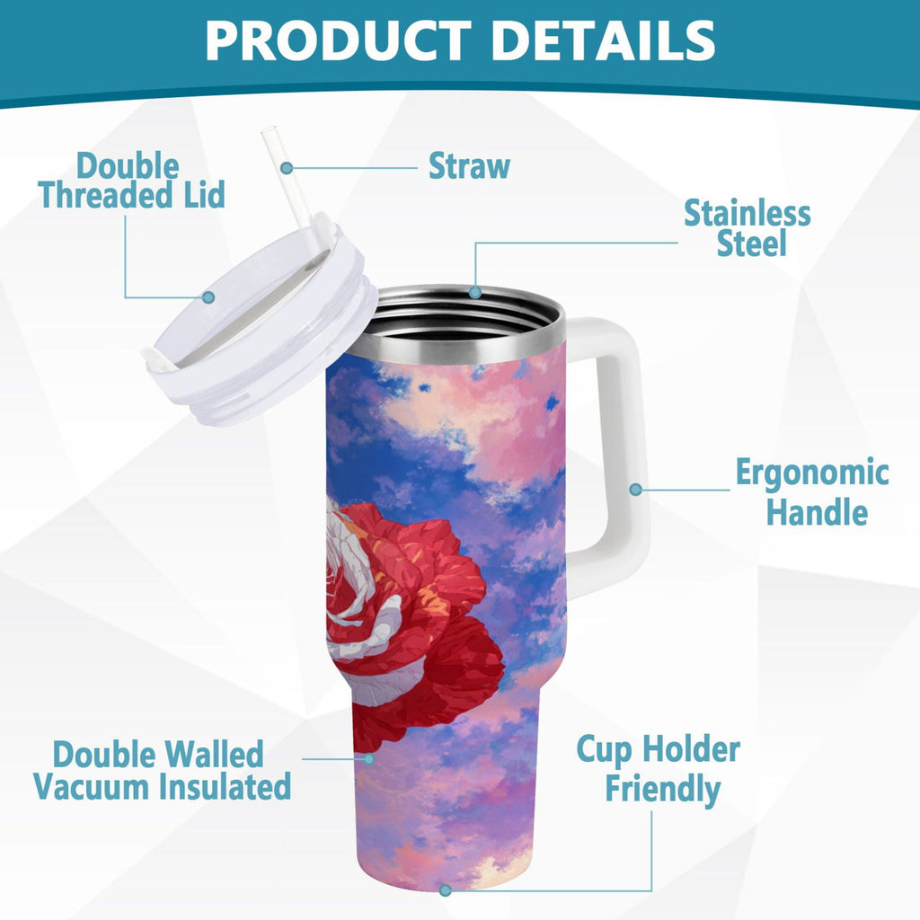 30 oz Insulated Stainless Steel Tumbler Double Wall Stainless Steel Tumbler with 2-Way Drinking Rose with Flag Pattern - JEPP