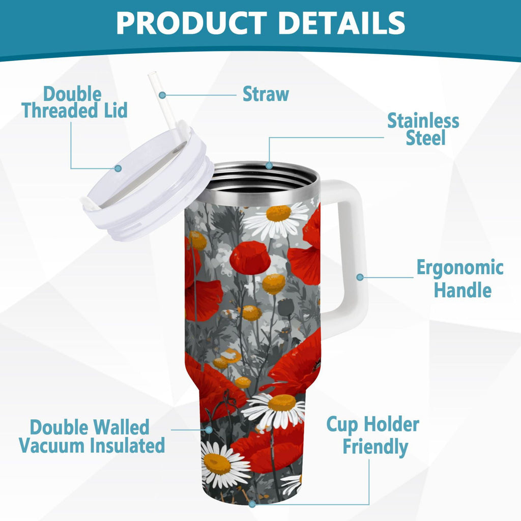 40 oz Insulated Stainless Steel Tumbler Double Wall Stainless Steel Tumbler with 2-Way Drinking Red Flowers and Daisies - EC6D