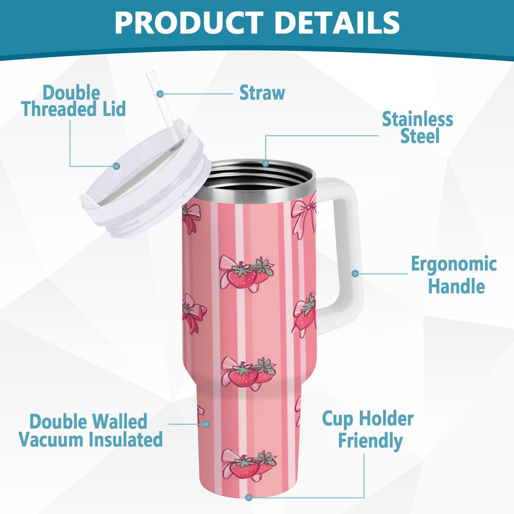 30 oz Insulated Stainless Steel Tumbler Double Wall Stainless Steel Tumbler with 2-Way Drinking Pink Bows and Strawberries - F8G4