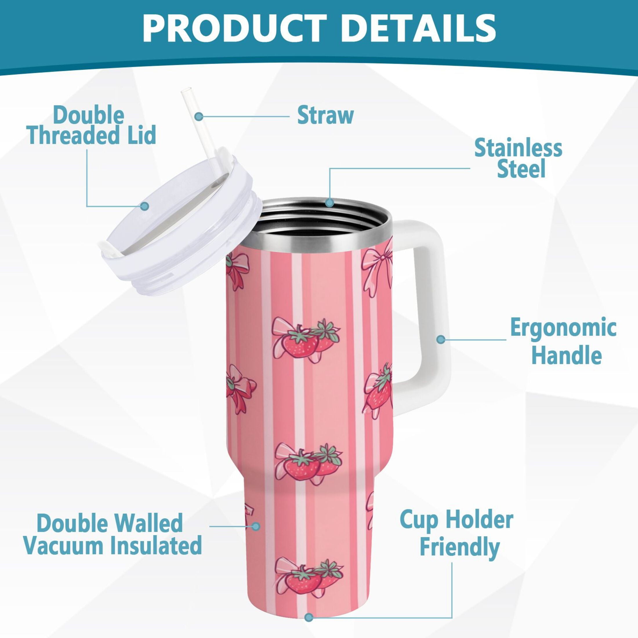 30 oz Insulated Stainless Steel Tumbler Double Wall Stainless Steel Tumbler with 2-Way Drinking Pink Bows and Strawberries - F8G4