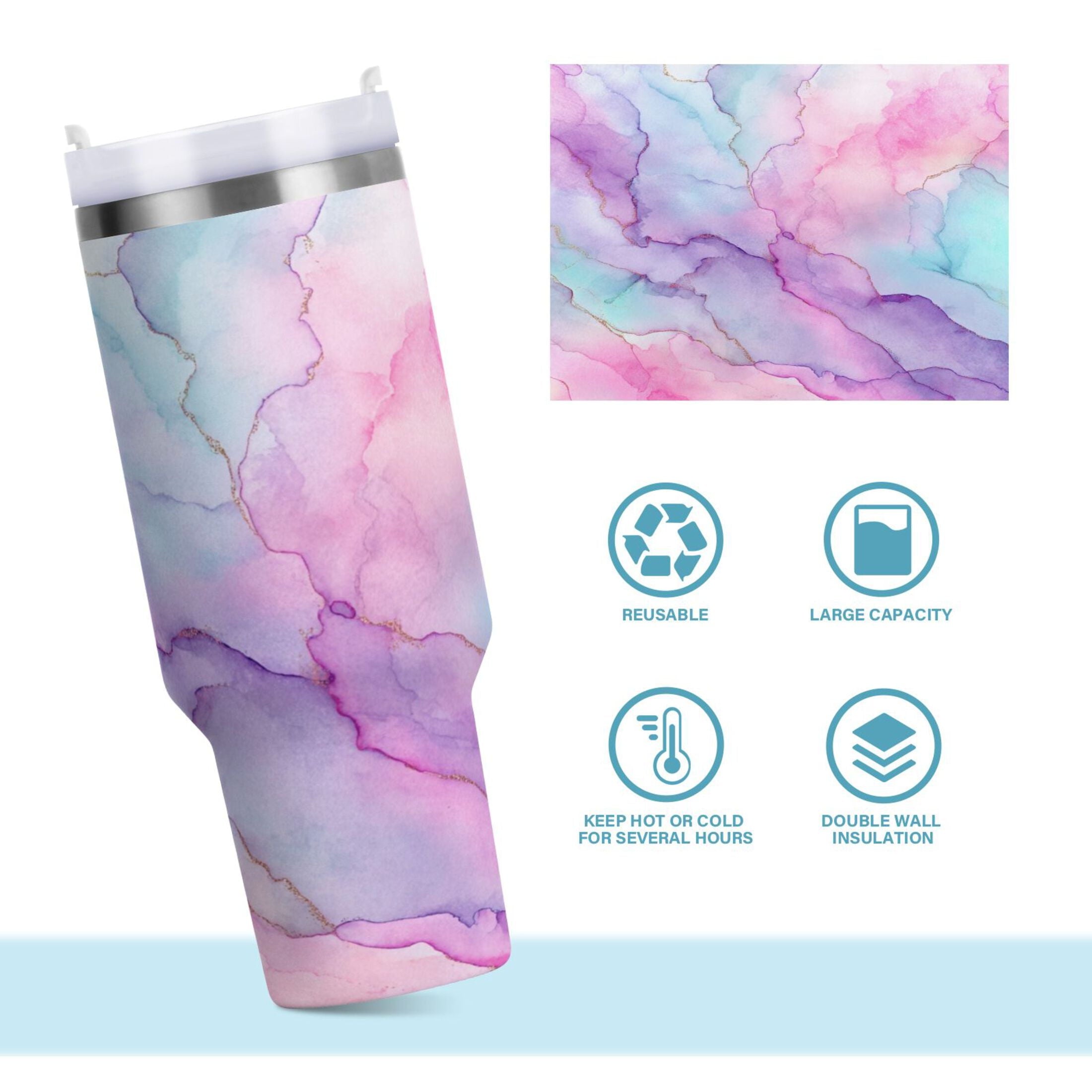 30 oz Insulated Stainless Steel Tumbler Double Wall Stainless Steel Tumbler with 2-Way Drinking Pastel Pink Marble Texture - TAFF