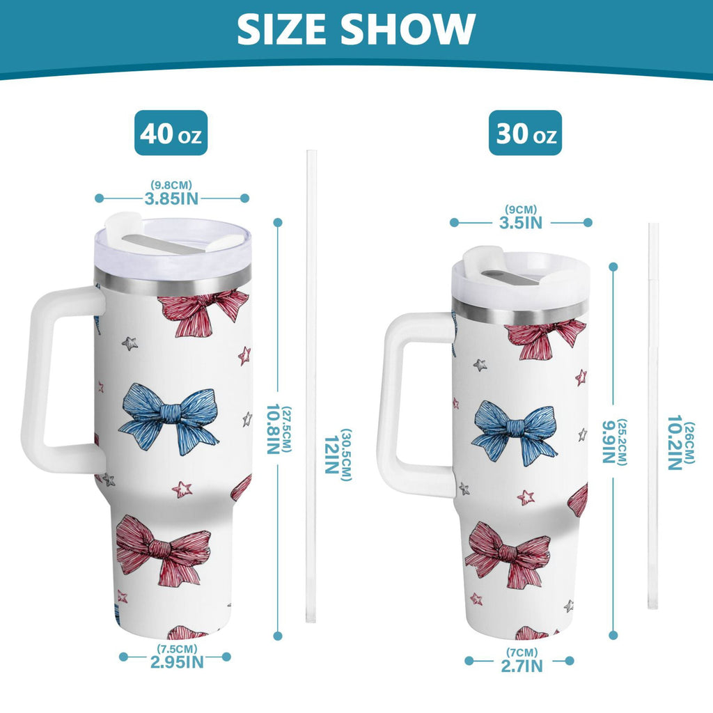 40 oz Insulated Stainless Steel Tumbler Double Wall Stainless Steel Tumbler with 2-Way Drinking Red and Blue Stripes Bows - J6OF