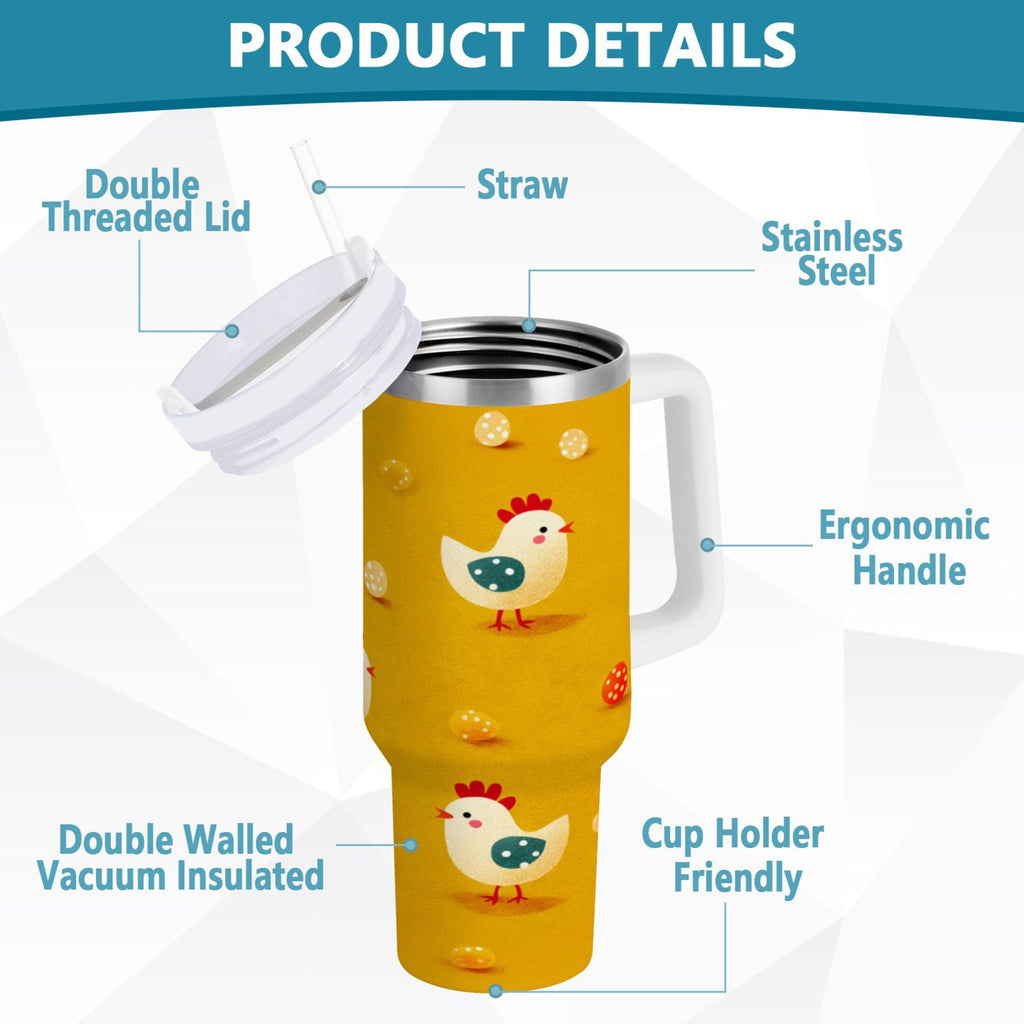 30 oz Insulated Stainless Steel Tumbler Double Wall Stainless Steel Tumbler with 2-Way Drinking Cartoon Chickens Pattern - Y418