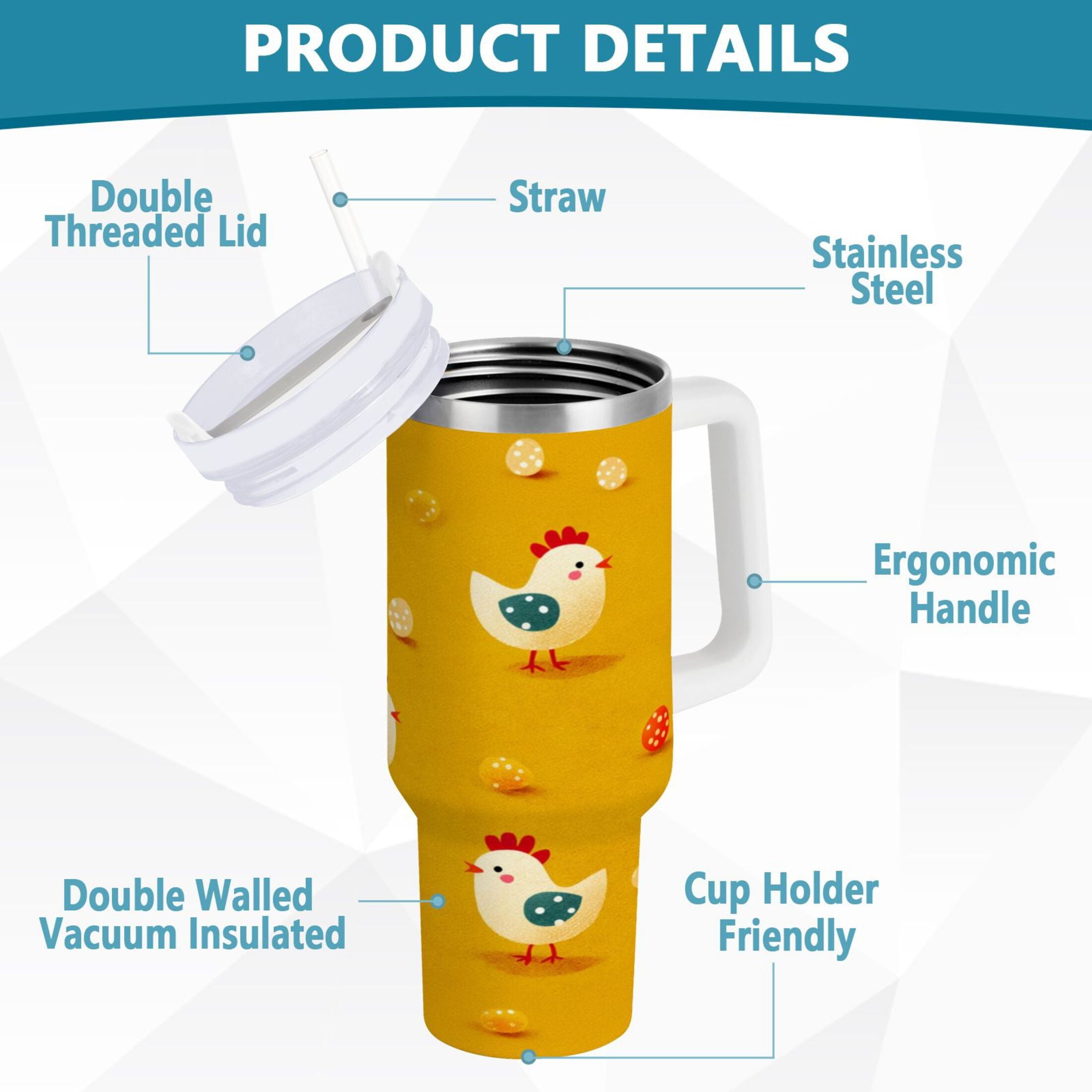 30 oz Insulated Stainless Steel Tumbler Double Wall Stainless Steel Tumbler with 2-Way Drinking Cartoon Chickens Pattern - Y418