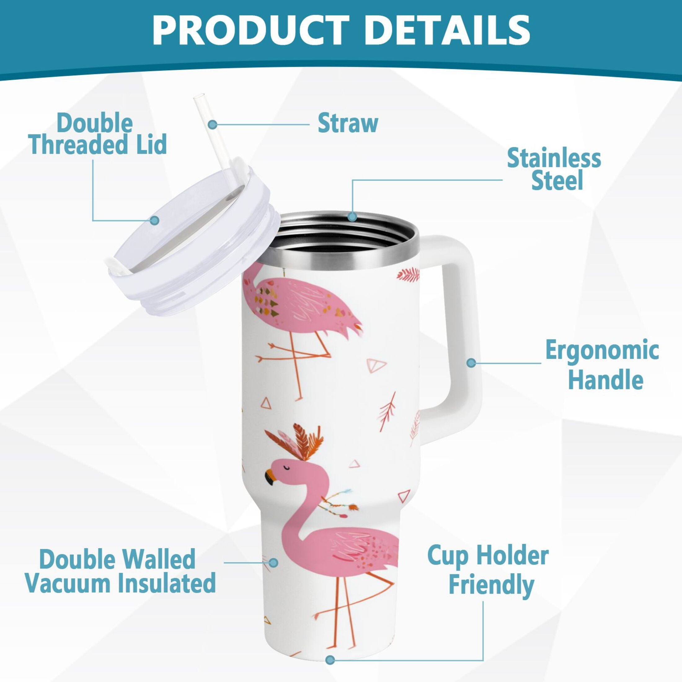 40 oz Insulated Stainless Steel Tumbler Double Wall Stainless Steel Tumbler with 2-Way Drinking Cute Pink Flamingo Pattern - 20VC