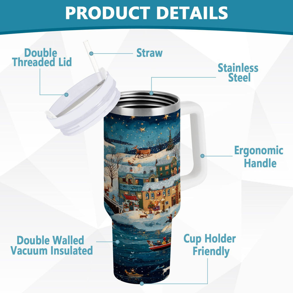 30 oz Insulated Stainless Steel Tumbler Double Wall Stainless Steel Tumbler with 2-Way Drinking Whimsical Christmas Scene - D5MM