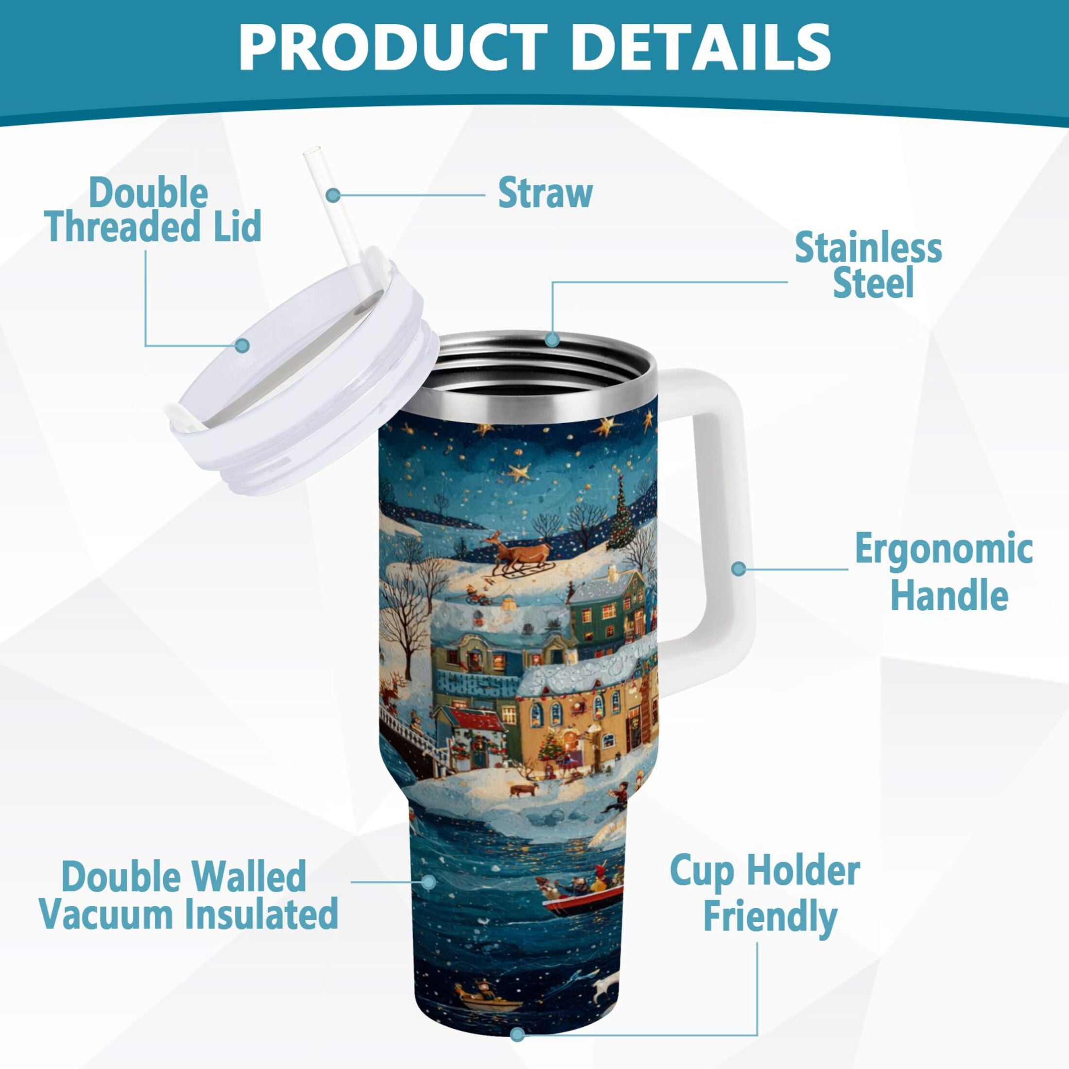 30 oz Insulated Stainless Steel Tumbler Double Wall Stainless Steel Tumbler with 2-Way Drinking Whimsical Christmas Scene - D5MM