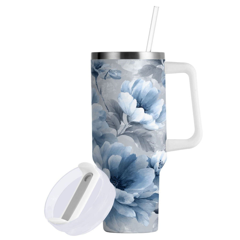 40 oz Insulated Stainless Steel Tumbler Double Wall Stainless Steel Tumbler with 2-Way Drinking White Floral Pattern - EB0T