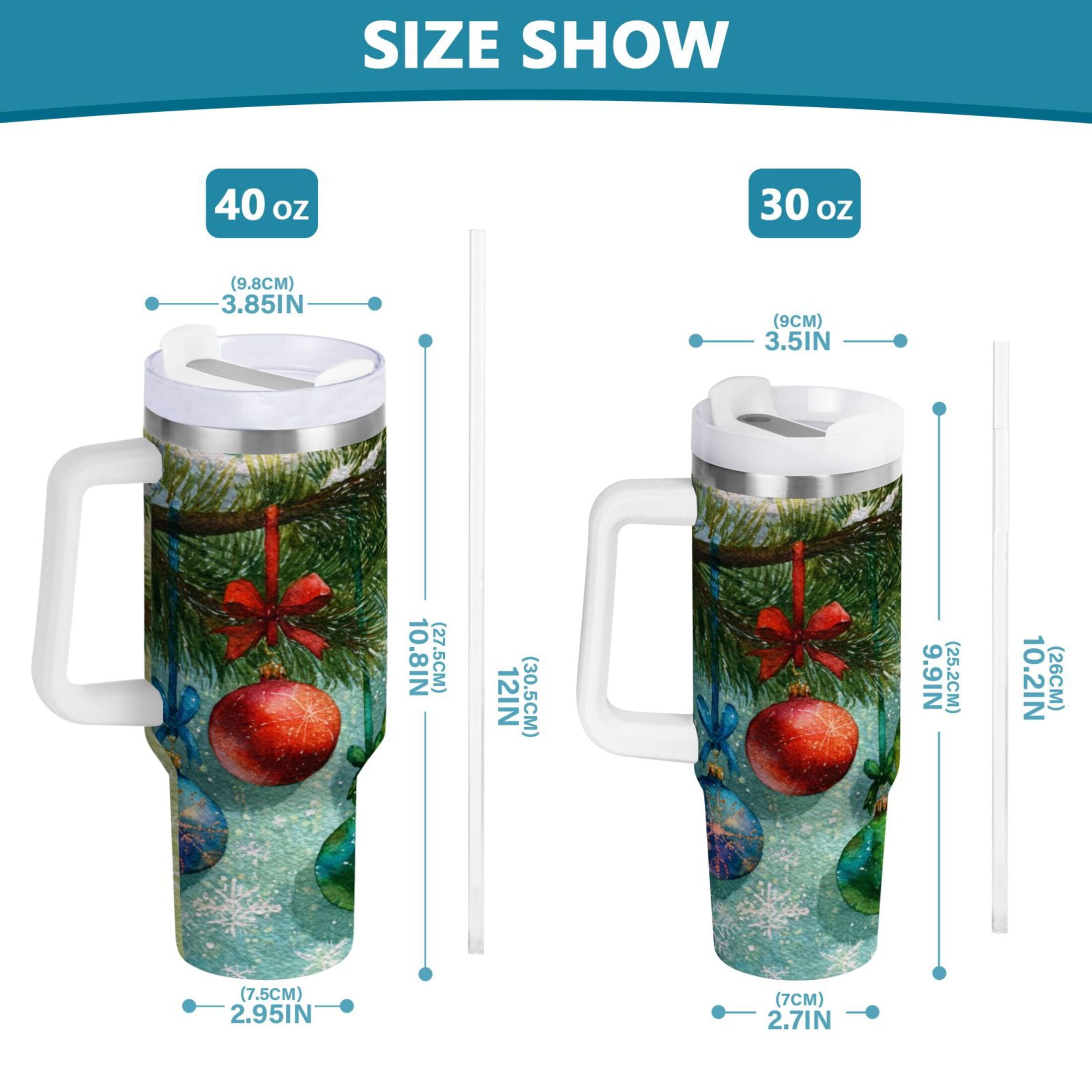 30 oz Insulated Stainless Steel Tumbler Double Wall Stainless Steel Tumbler with 2-Way Drinking Christmas Ornaments Watercolor Painting - IN1Q