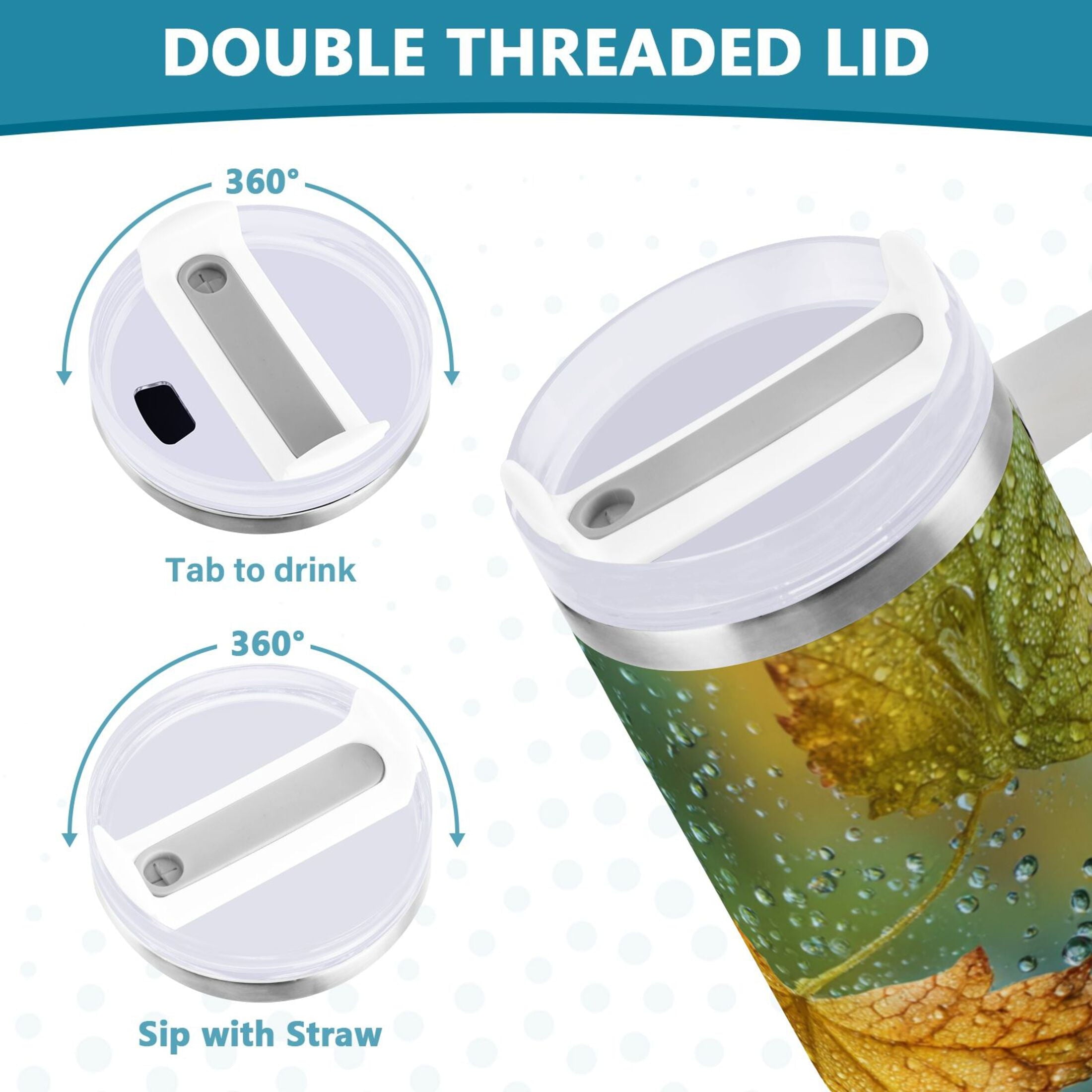 30 oz Insulated Stainless Steel Tumbler Double Wall Stainless Steel Tumbler with 2-Way Drinking Leaves with Water Droplets - 7056
