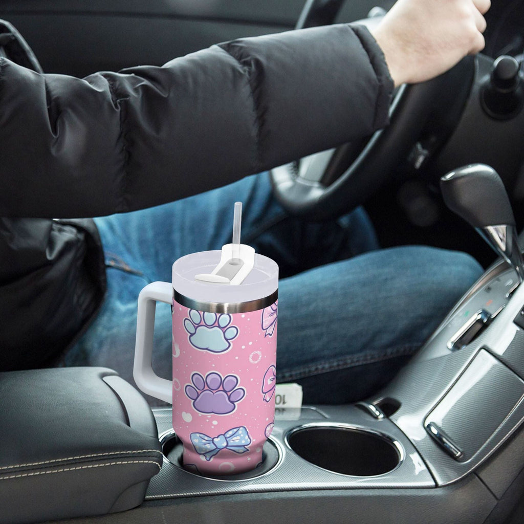 30 oz Insulated Stainless Steel Tumbler Double Wall Stainless Steel Tumbler with 2-Way Drinking Dog Paw Prints and Bows - F7K9
