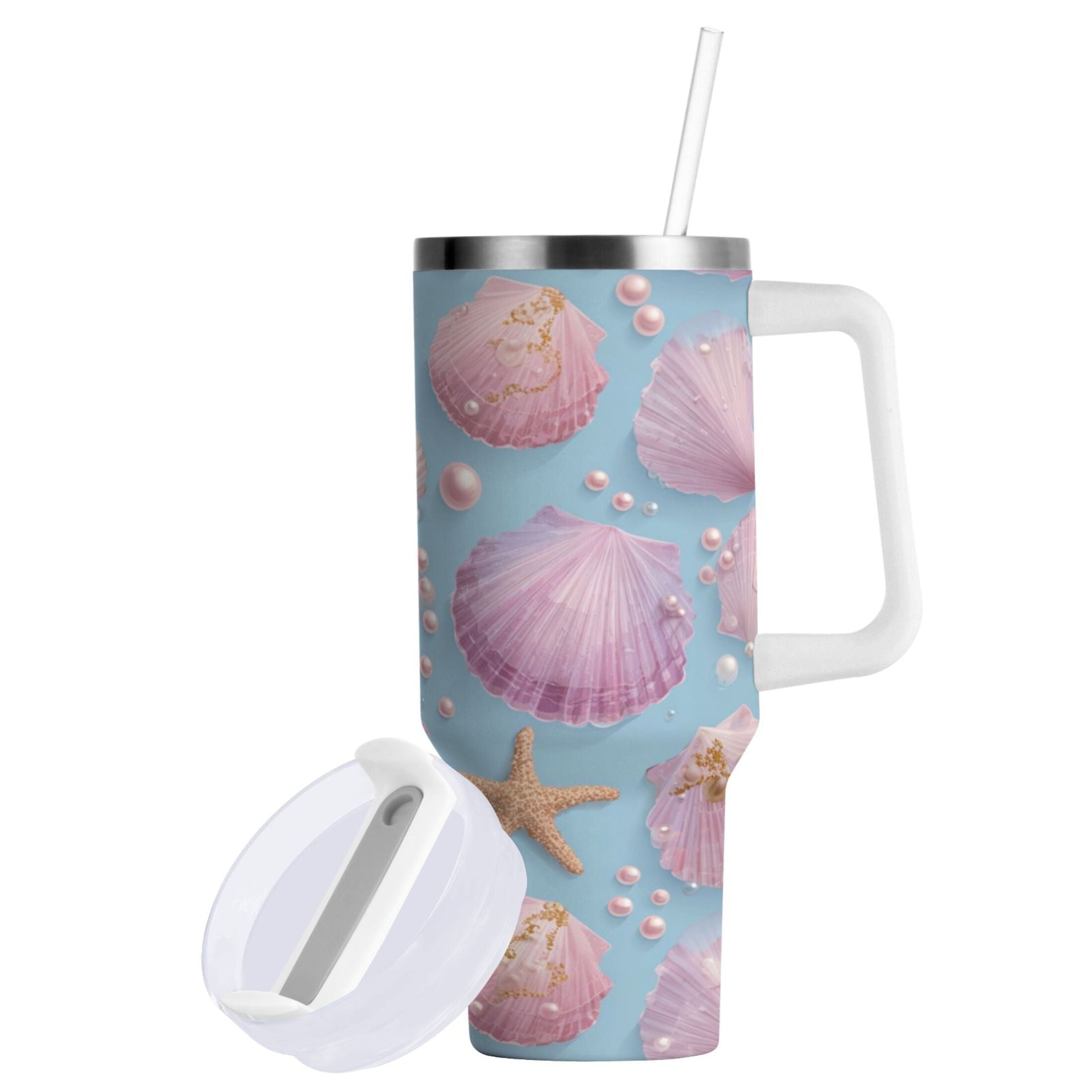 40 oz Insulated Stainless Steel Tumbler Double Wall Stainless Steel Tumbler with 2-Way Drinking Seashells and Pearls Pattern - S9V9