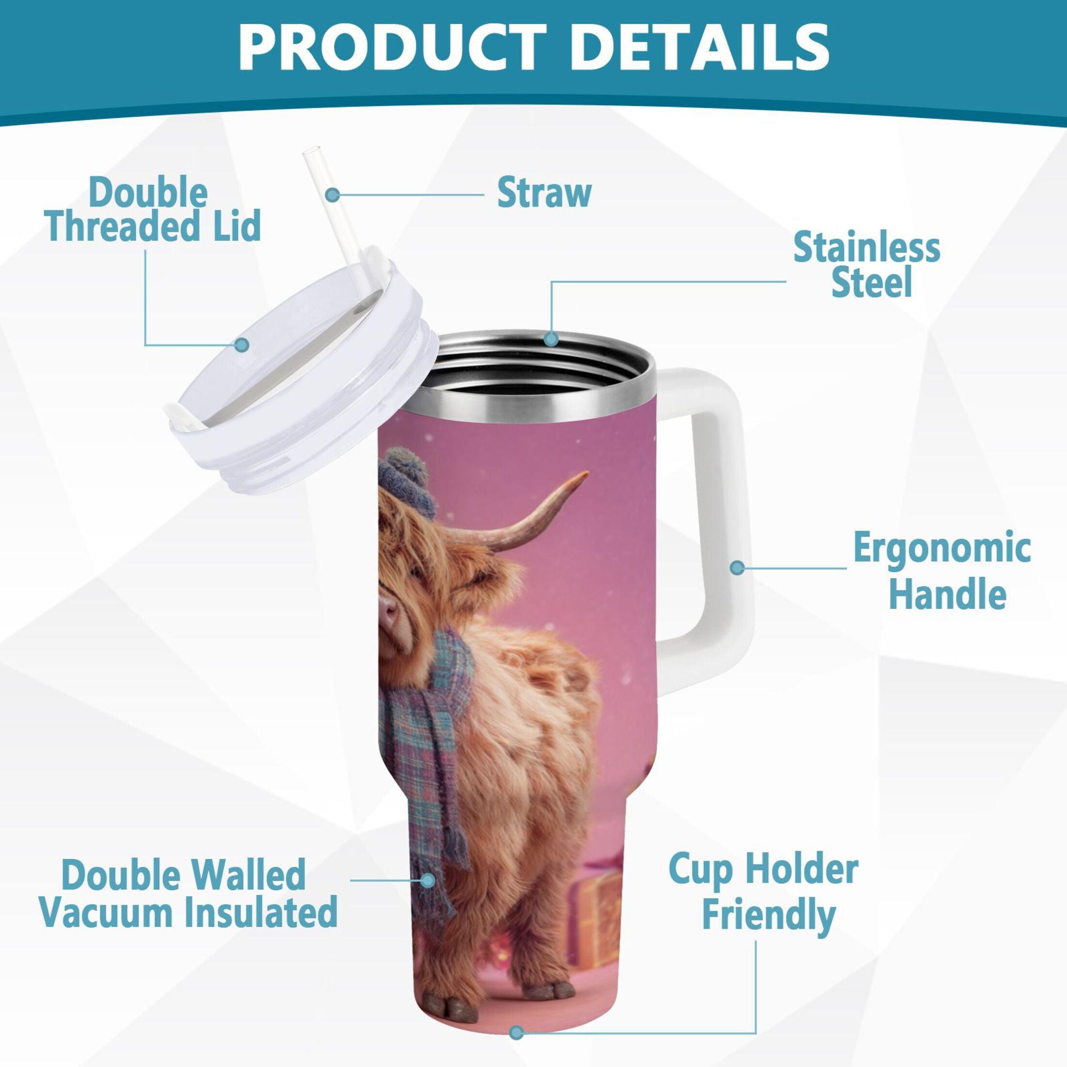 30 oz Insulated Stainless Steel Tumbler Double Wall Stainless Steel Tumbler with 2-Way Drinking Cow Wearing Christmas - U7DI