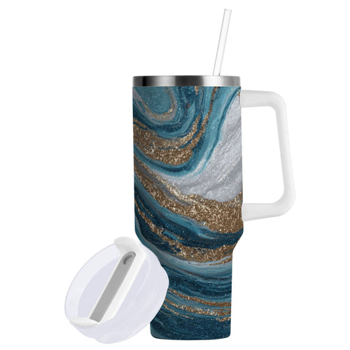 30 oz Insulated Stainless Steel Tumbler Double Wall Stainless Steel Tumbler with 2-Way Drinking Blue and Gold Swirling - LW18