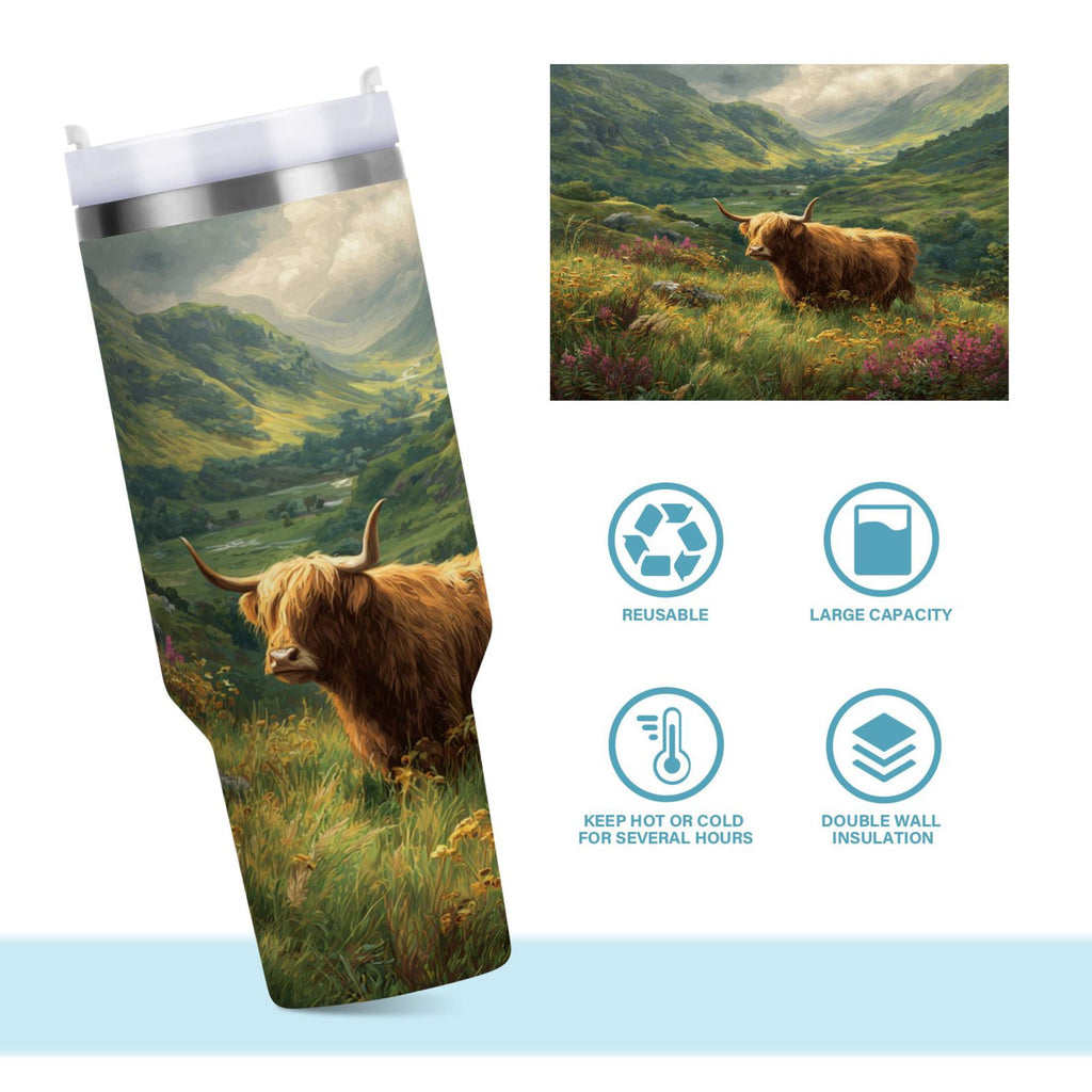 30 oz Insulated Stainless Steel Tumbler Double Wall Stainless Steel Tumbler with 2-Way Drinking Cow in Green Rolling Hills - W34T