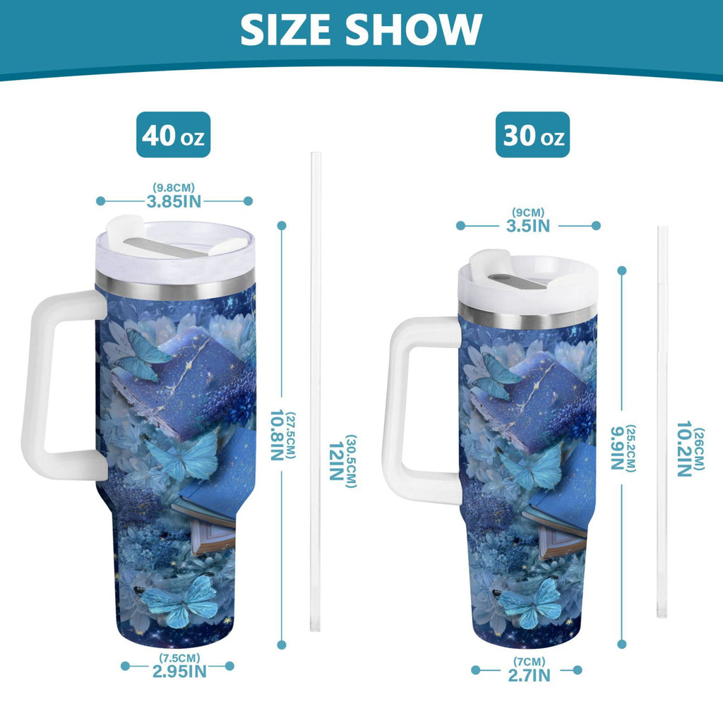 30 oz Insulated Stainless Steel Tumbler Double Wall Stainless Steel Tumbler with 2-Way Drinking Butterflies Books and Flowers - 4ABK