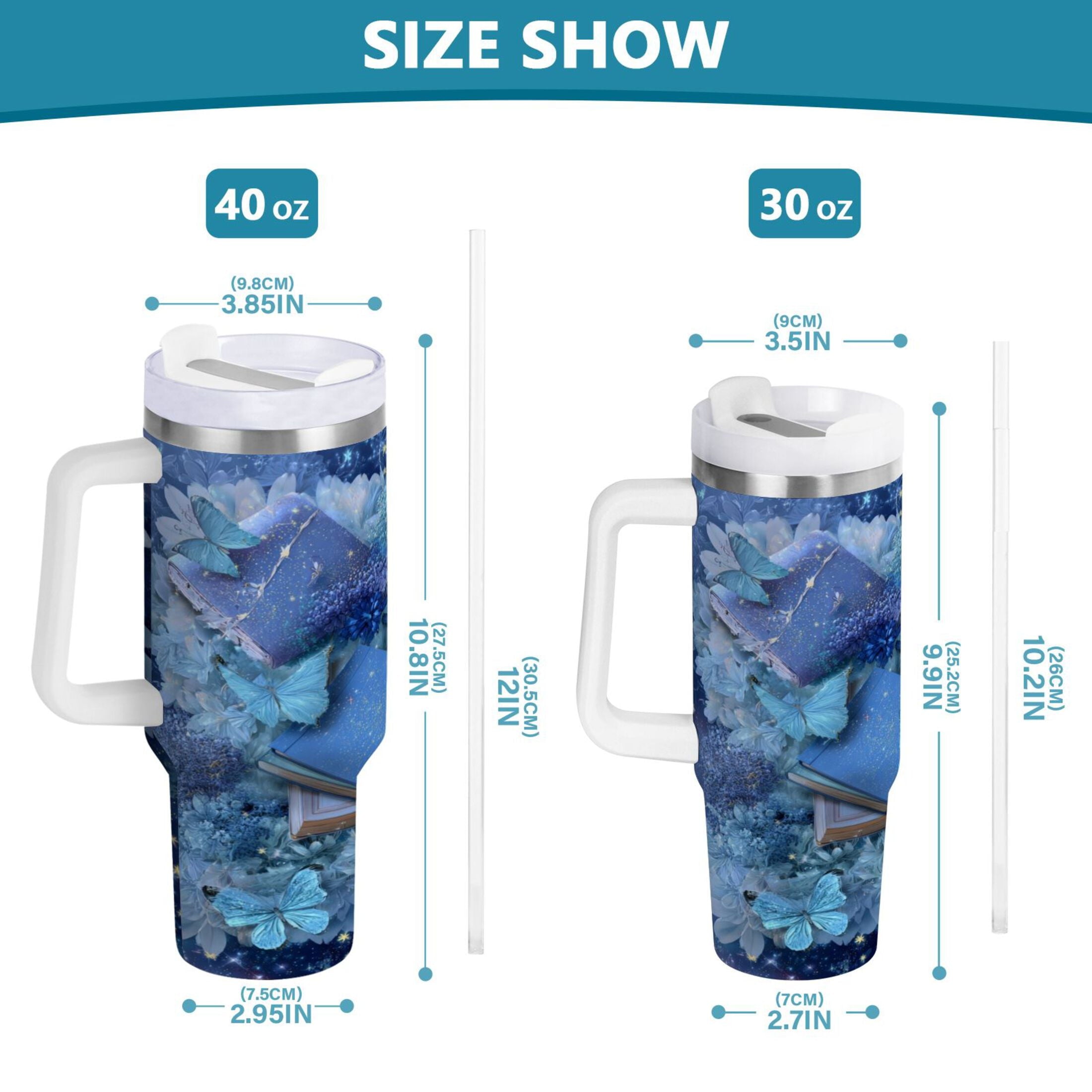30 oz Insulated Stainless Steel Tumbler Double Wall Stainless Steel Tumbler with 2-Way Drinking Butterflies Books and Flowers - 4ABK