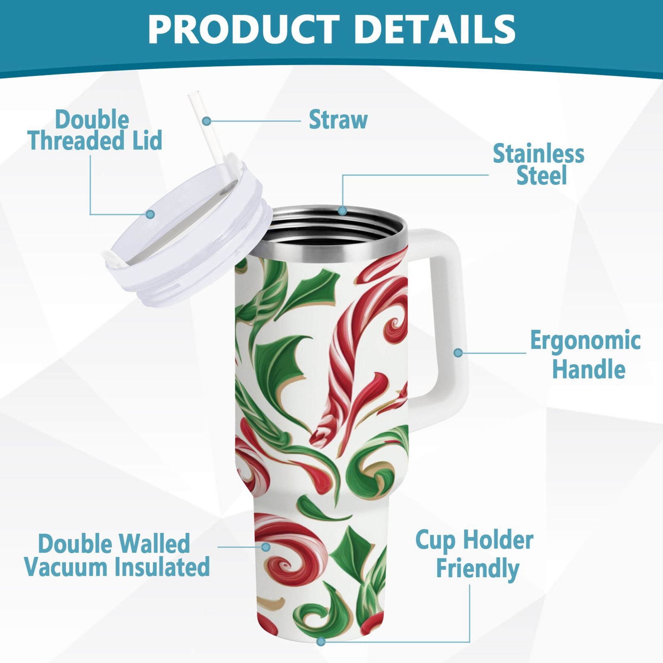 40 oz Insulated Stainless Steel Tumbler Double Wall Stainless Steel Tumbler with 2-Way Drinking Red and Green Candy-cane - 6PUG