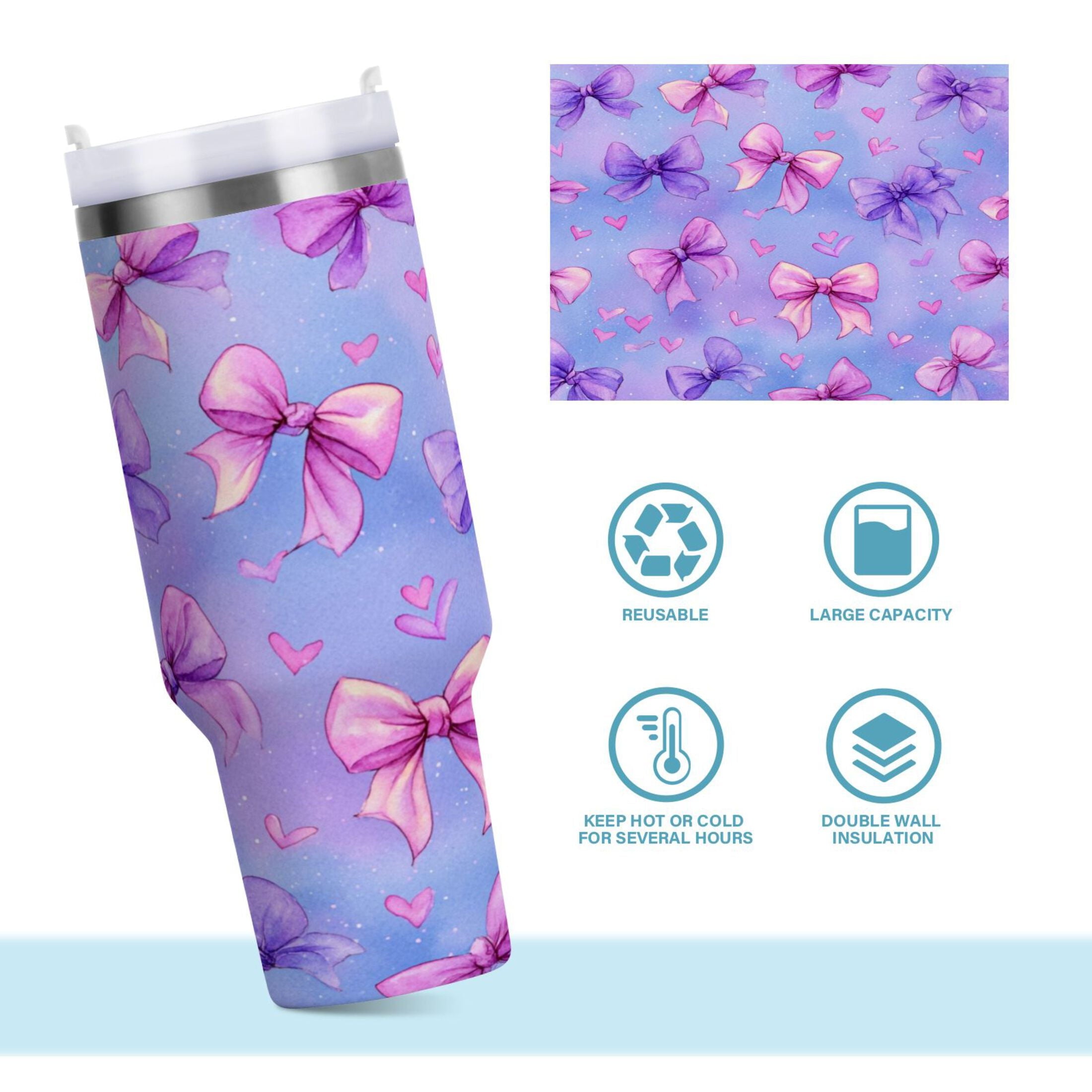 30 oz Insulated Stainless Steel Tumbler Double Wall Stainless Steel Tumbler with 2-Way Drinking Watercolor Bows Pattern - Y4UM