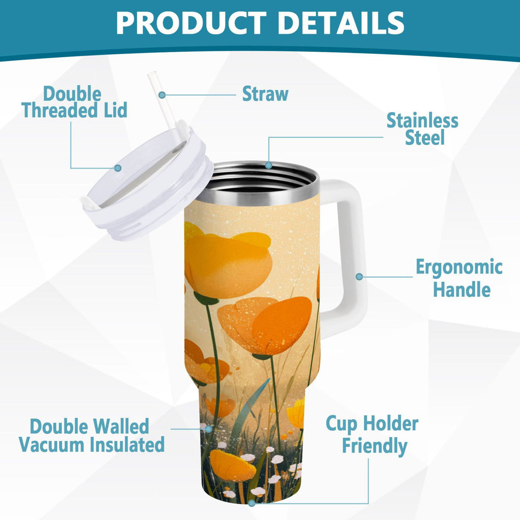 30 oz Insulated Stainless Steel Tumbler Double Wall Stainless Steel Tumbler with 2-Way Drinking Yellow Flowers on The Grass - B2XW