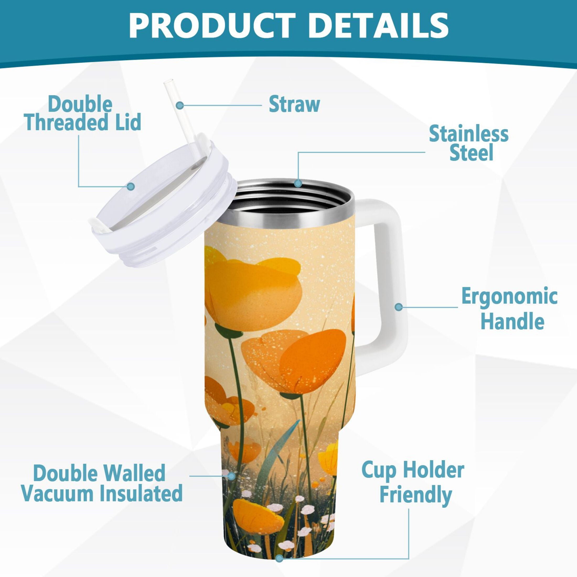 30 oz Insulated Stainless Steel Tumbler Double Wall Stainless Steel Tumbler with 2-Way Drinking Yellow Flowers on The Grass - B2XW
