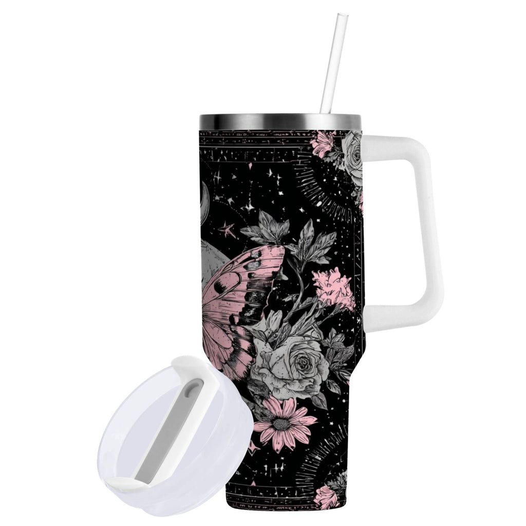 30 oz Insulated Stainless Steel Tumbler Double Wall Stainless Steel Tumbler with 2-Way Drinking Butterfly by Moon and Flowers - M043