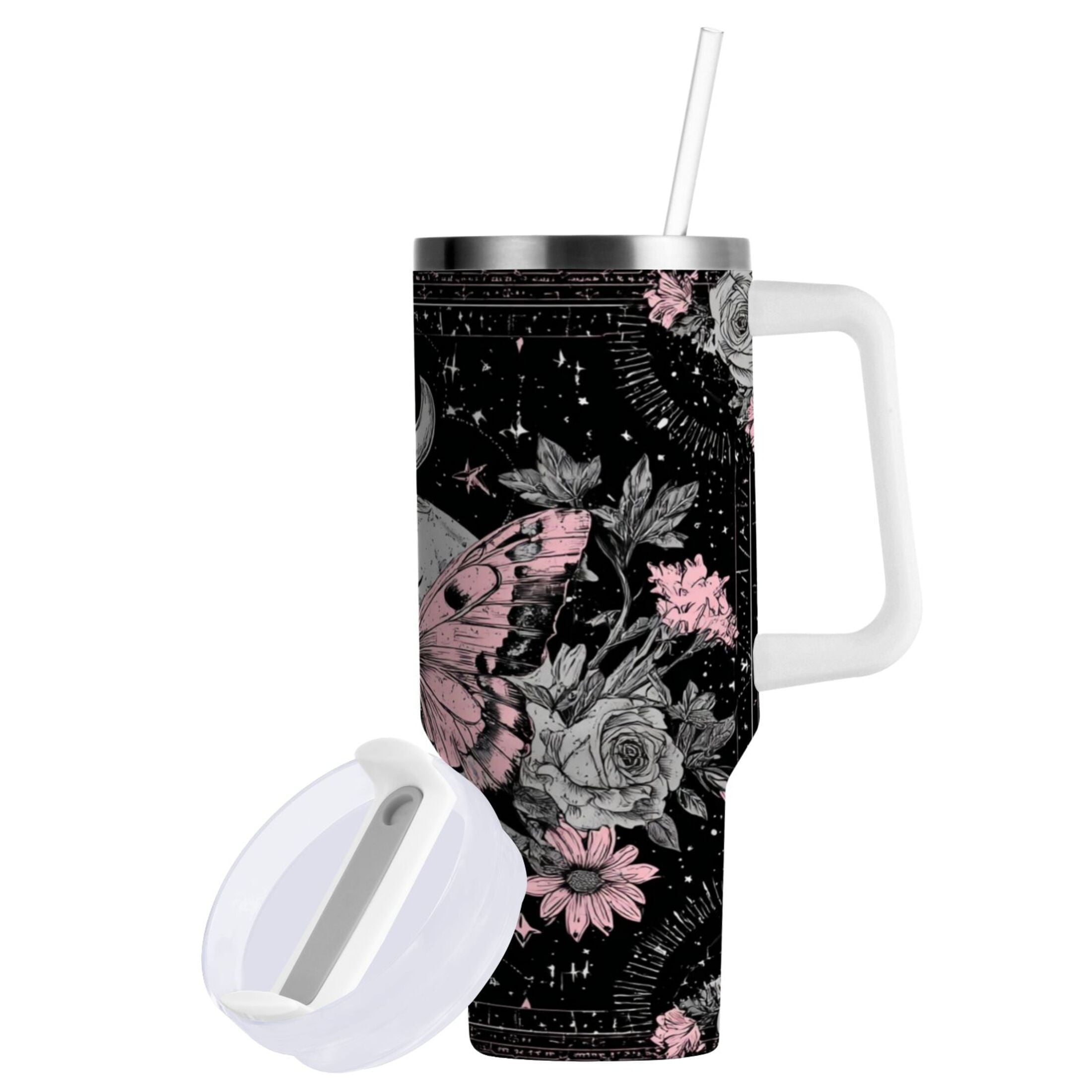 30 oz Insulated Stainless Steel Tumbler Double Wall Stainless Steel Tumbler with 2-Way Drinking Butterfly by Moon and Flowers - M043