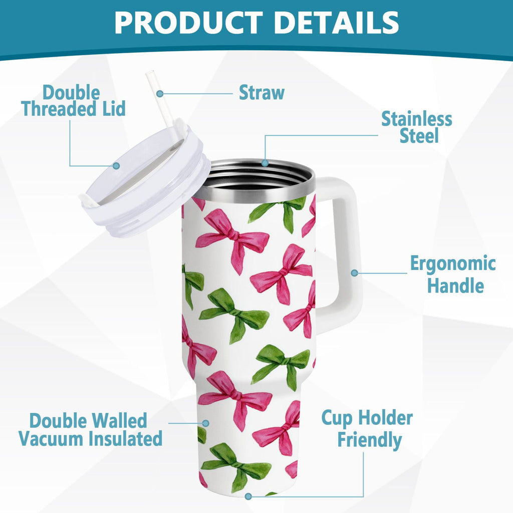 30 oz Insulated Stainless Steel Tumbler Double Wall Stainless Steel Tumbler with 2-Way Drinking Pink Bows and Green Ribbons - 2V9P