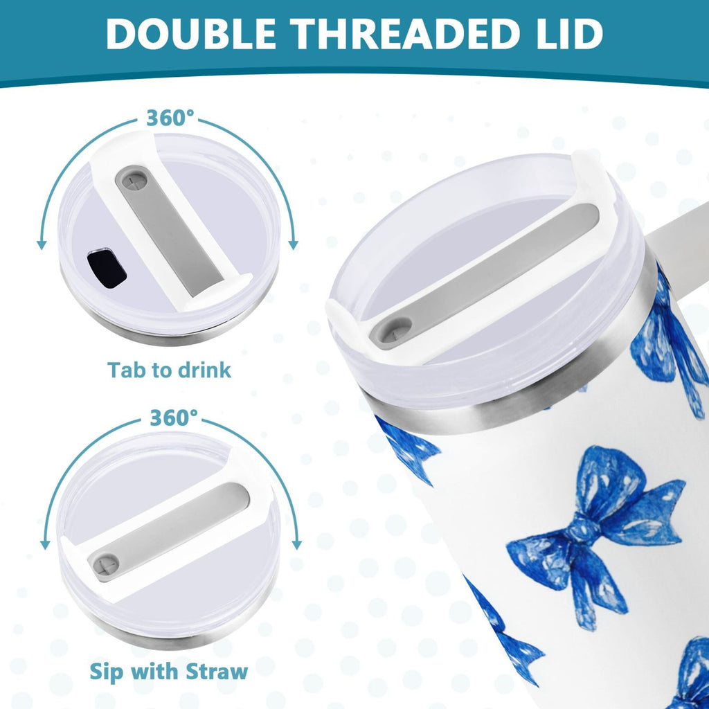 30 oz Insulated Stainless Steel Tumbler Double Wall Stainless Steel Tumbler with 2-Way Drinking Blue Bows Pattern - V80H