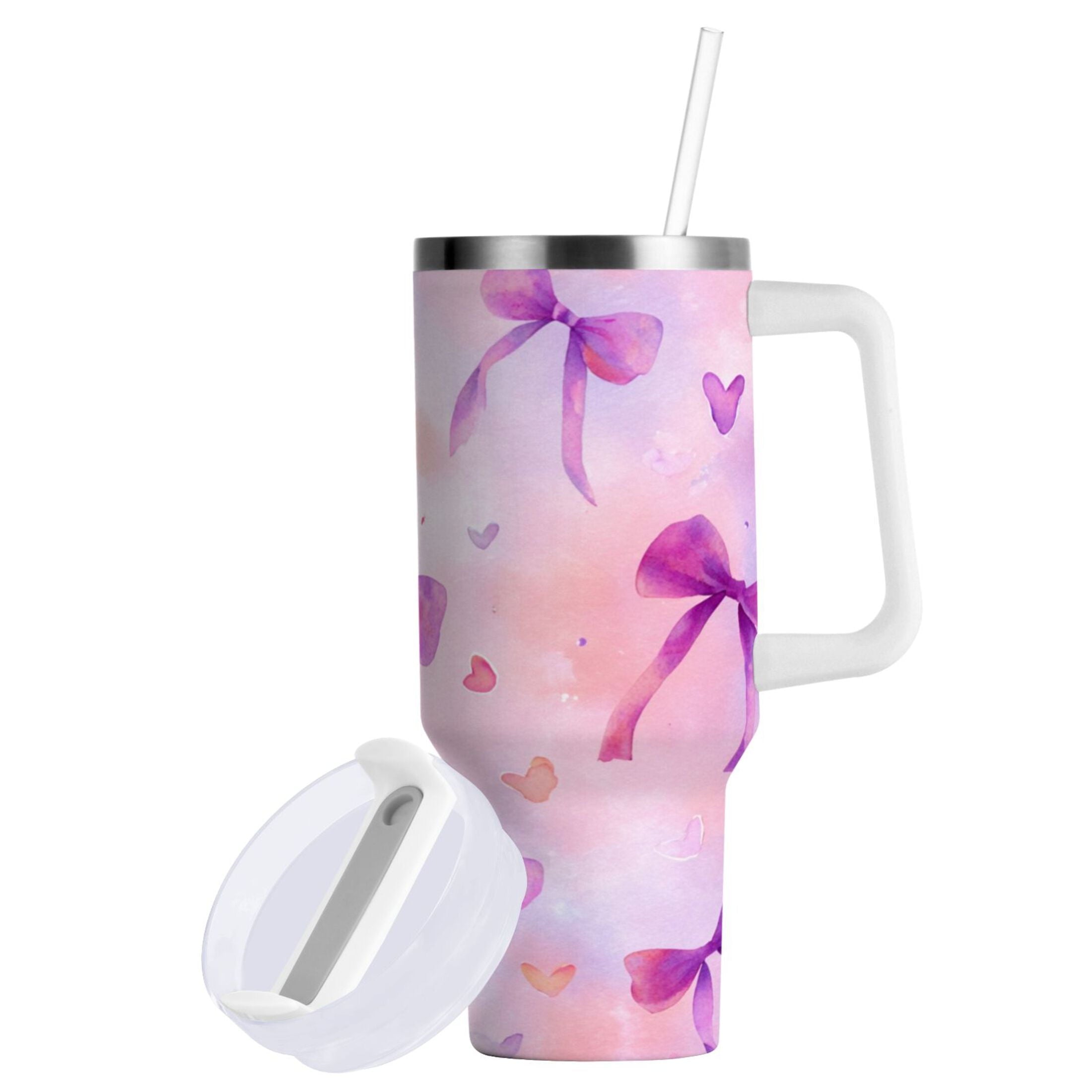 30 oz Insulated Stainless Steel Tumbler Double Wall Stainless Steel Tumbler with 2-Way Drinking Watercolor Purple Bows - MCPD