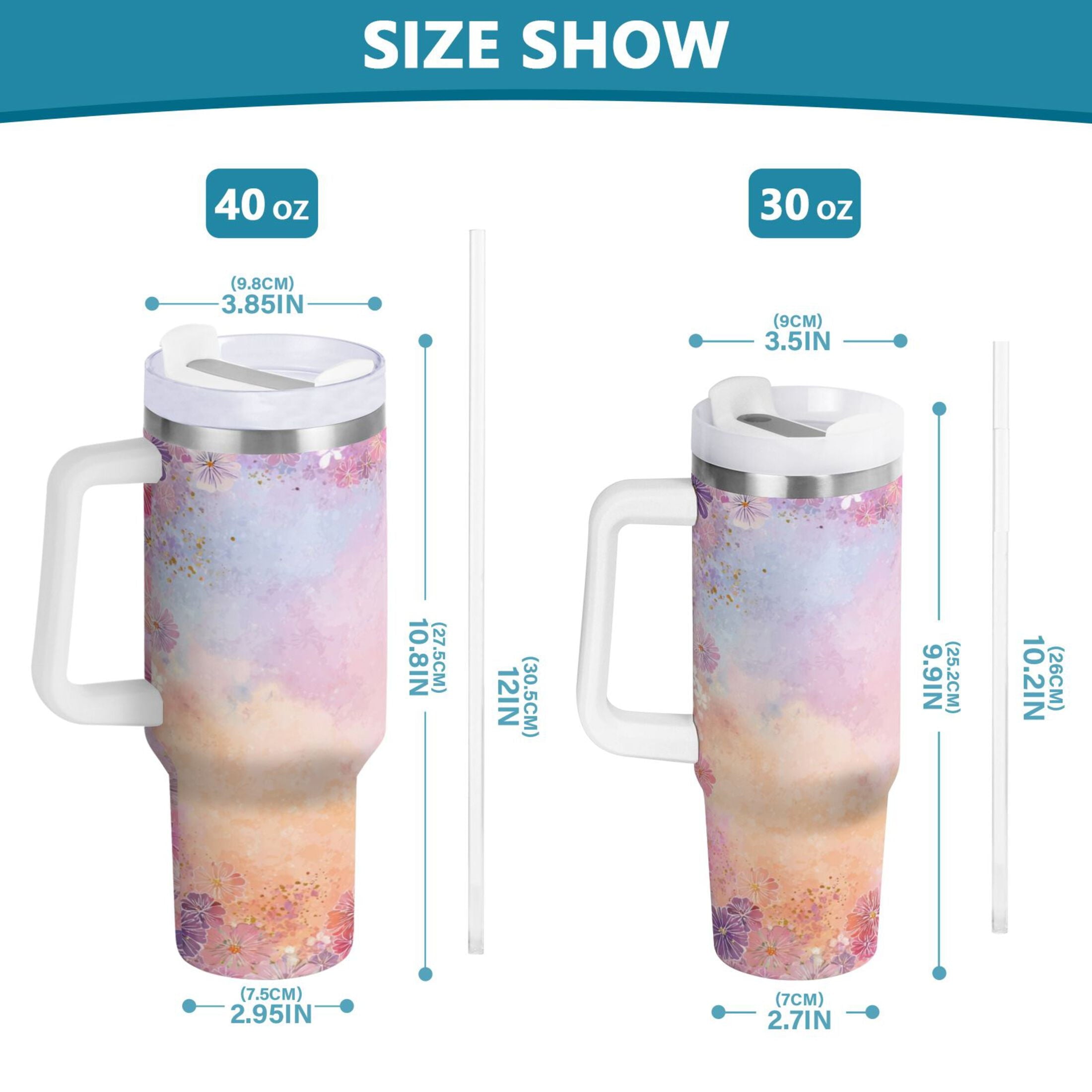 30 oz Insulated Stainless Steel Tumbler Double Wall Stainless Steel Tumbler with 2-Way Drinking Colorful Pastel Floral Pattern - CA88