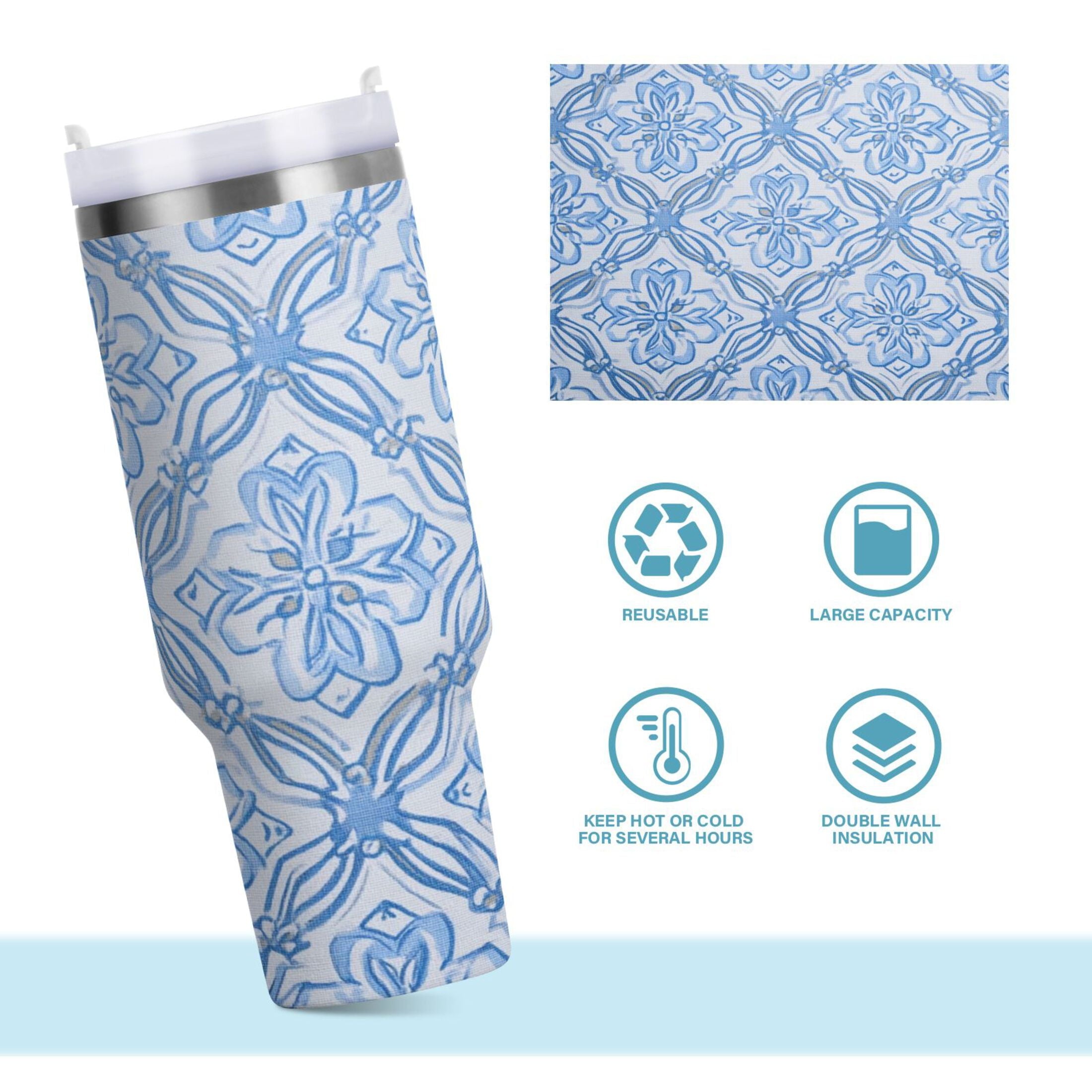 30 oz Insulated Stainless Steel Tumbler Double Wall Stainless Steel Tumbler with 2-Way Drinking Blue Elegant Geometric Design - 789V