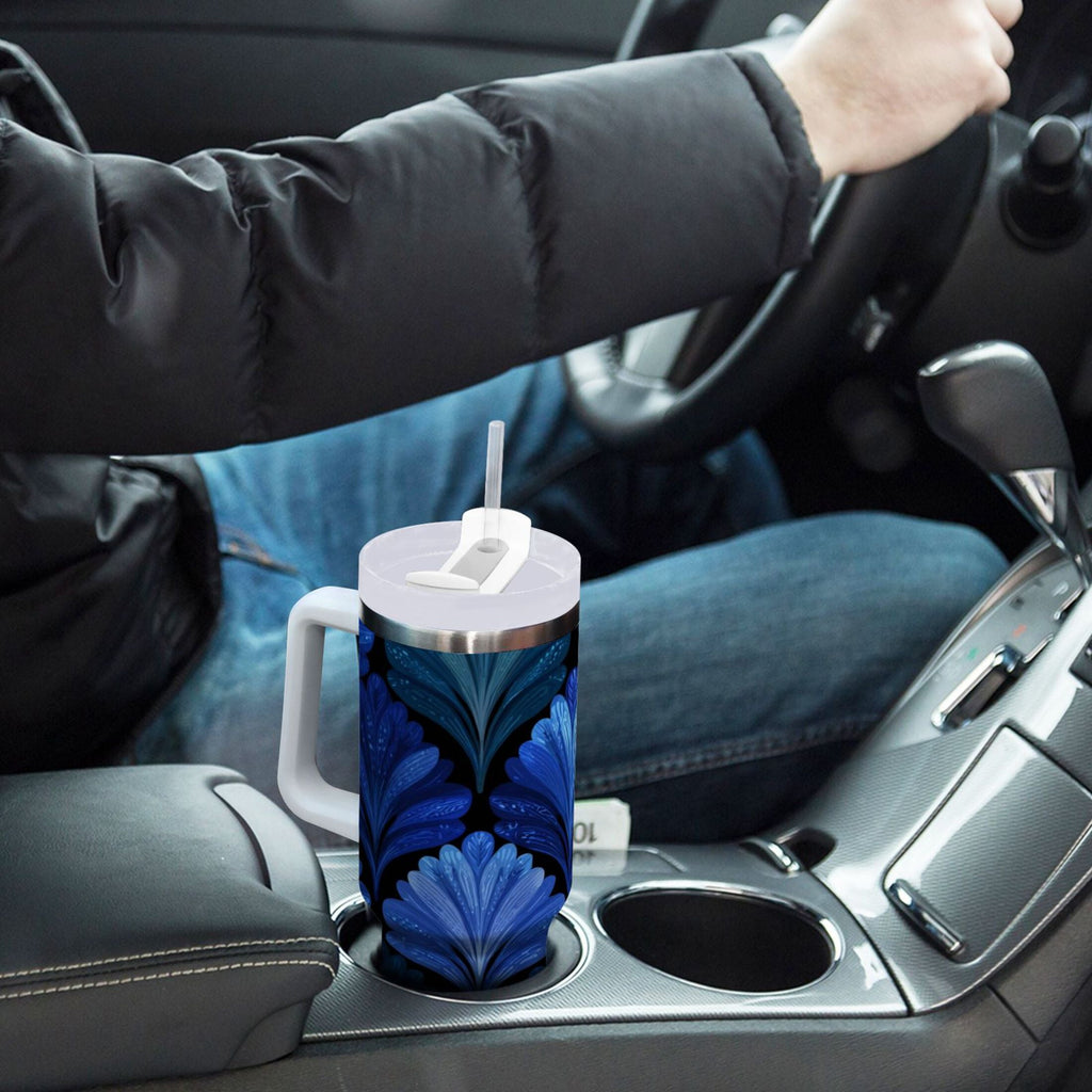 30 oz Insulated Stainless Steel Tumbler Double Wall Stainless Steel Tumbler with 2-Way Drinking Blue Batik Leaves Pattern - OM7T