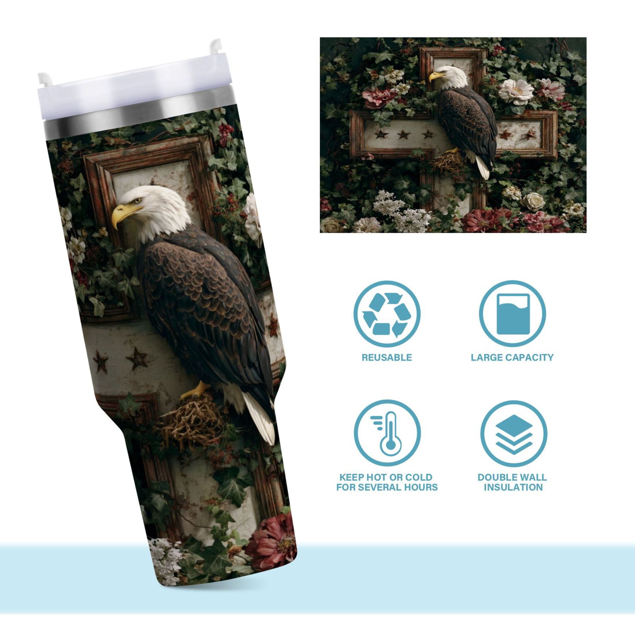 30 oz Insulated Stainless Steel Tumbler Double Wall Stainless Steel Tumbler with 2-Way Drinking Wreath and Bald Eagle - J2JK