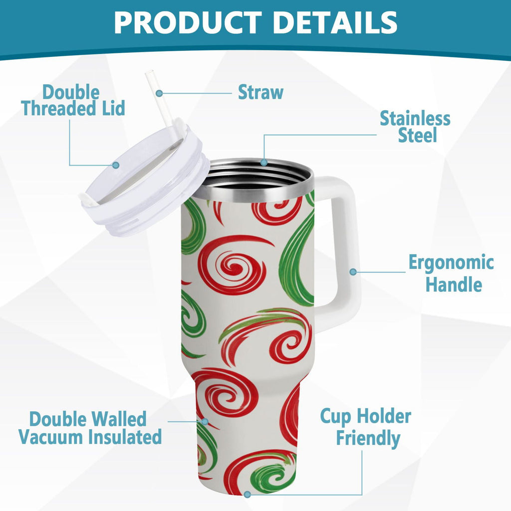 40 oz Insulated Stainless Steel Tumbler Double Wall Stainless Steel Tumbler with 2-Way Drinking Red and Green Swirls - D6DI