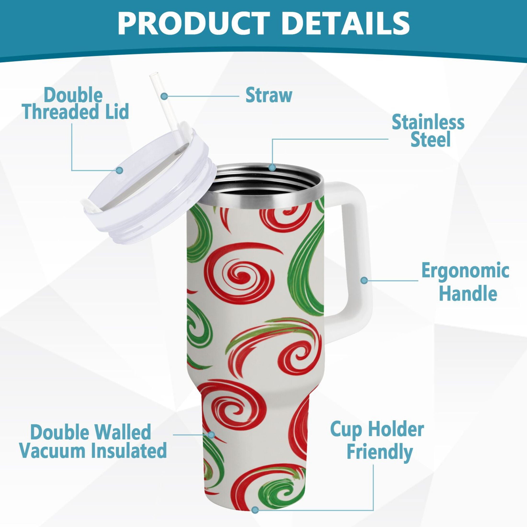 40 oz Insulated Stainless Steel Tumbler Double Wall Stainless Steel Tumbler with 2-Way Drinking Red and Green Swirls - D6DI