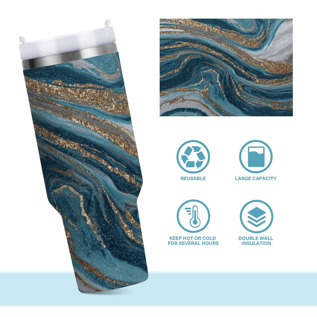 30 oz Insulated Stainless Steel Tumbler Double Wall Stainless Steel Tumbler with 2-Way Drinking Blue and Gold Swirling - LW18