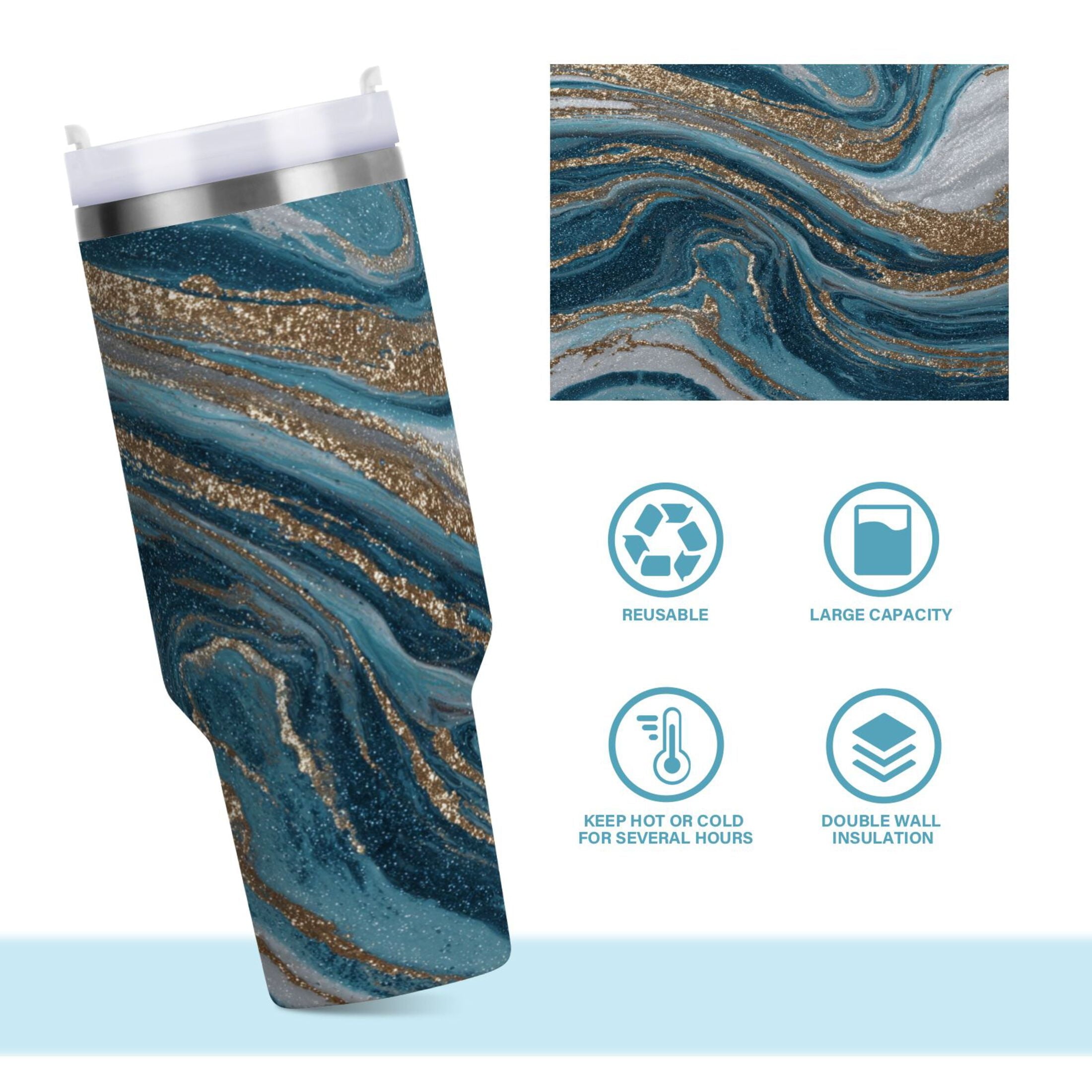 30 oz Insulated Stainless Steel Tumbler Double Wall Stainless Steel Tumbler with 2-Way Drinking Blue and Gold Swirling - LW18