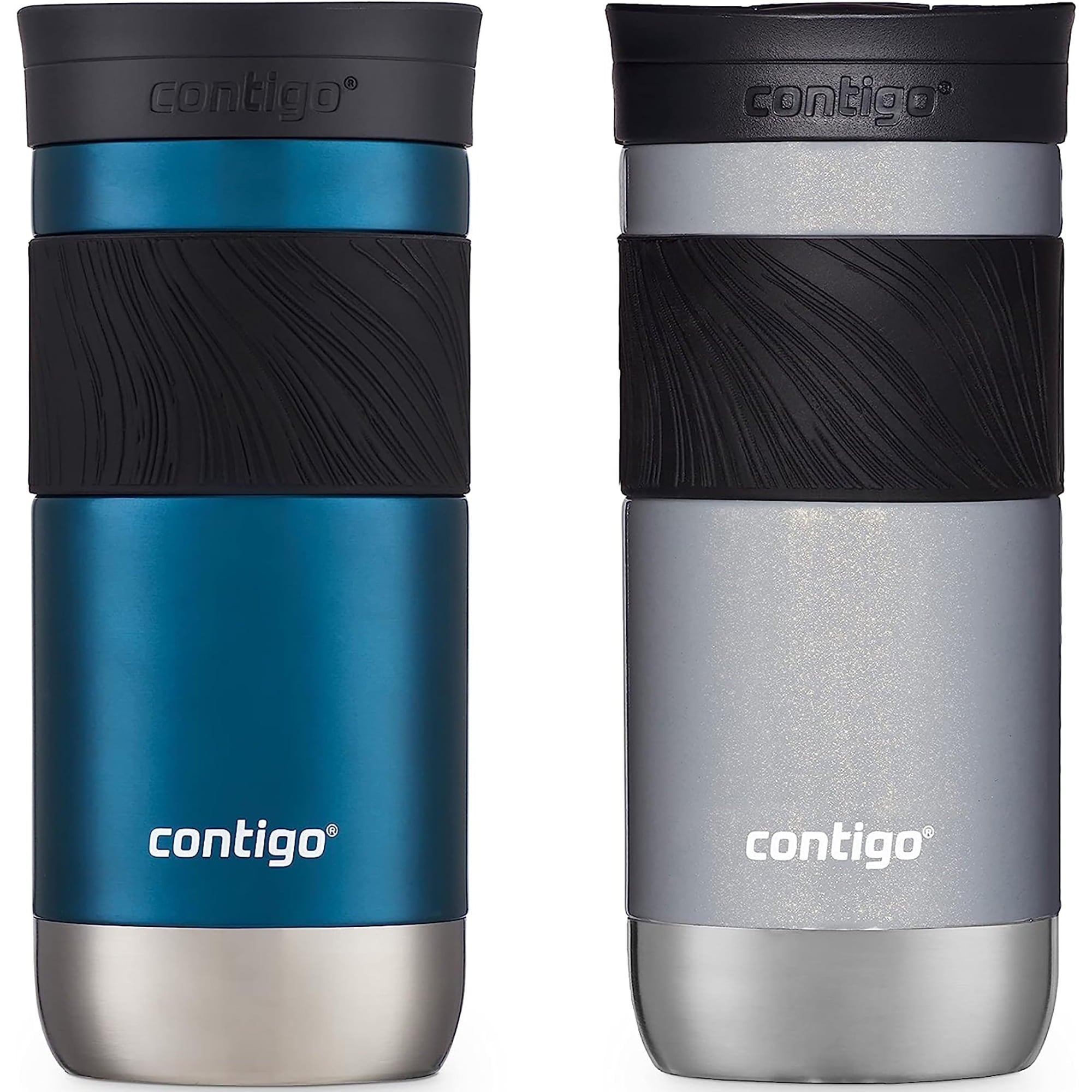 Contigo SNAPSEAL Insulated Stainless Steel Travel Mug with Grip, 16 oz, Blueberry Transparent Satin &amp; Gold Morel, 2-Pack - 4RNR