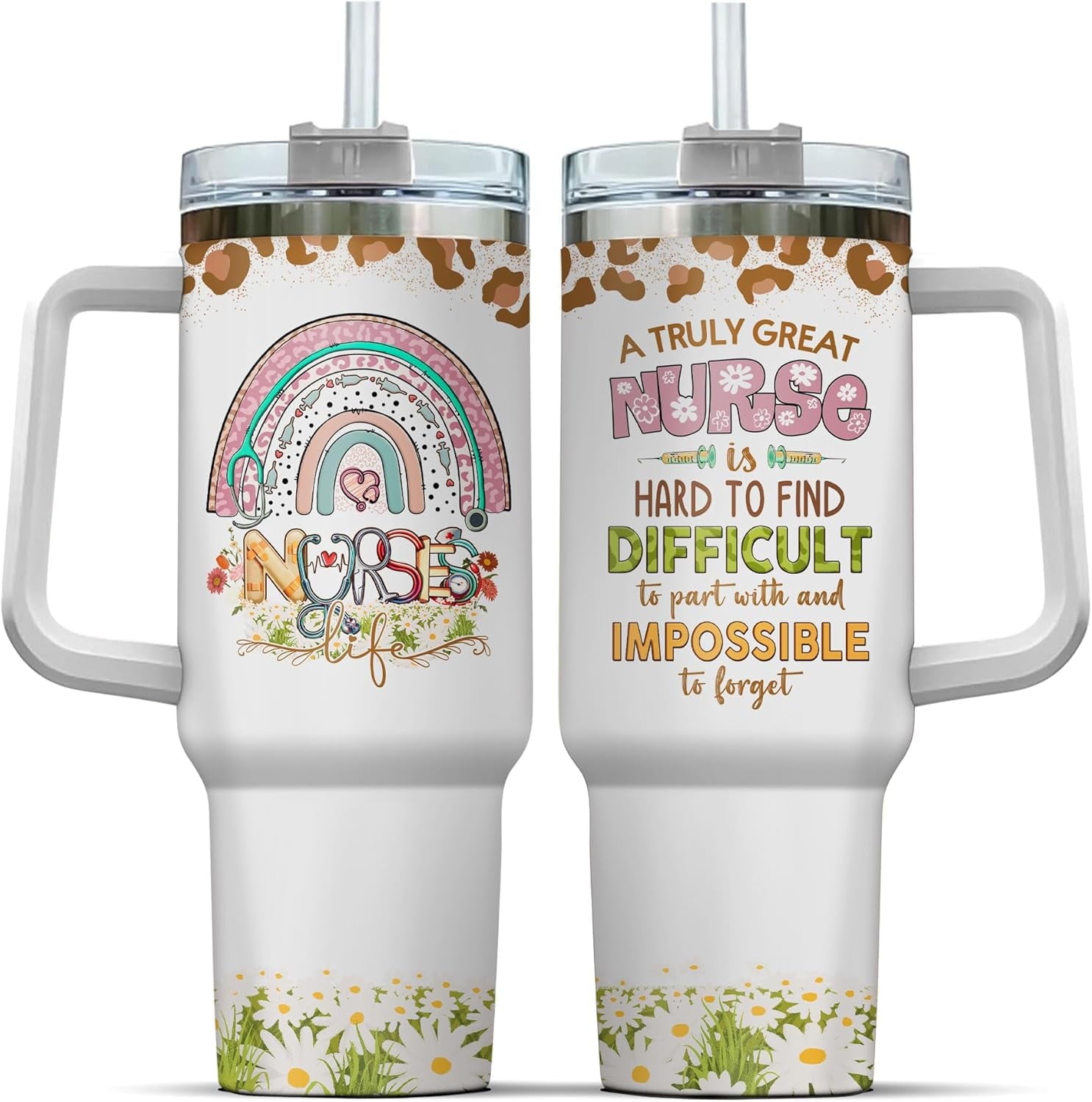 Tumbler 40 Oz With Handle Lid And Straw, Nurse Gifts, Black Camo White Engraved Print Travel Nurses Tumblers Handle Funny Cups Nursing For, Great Nurse Rainbow Daisy Flower - 6ZUO