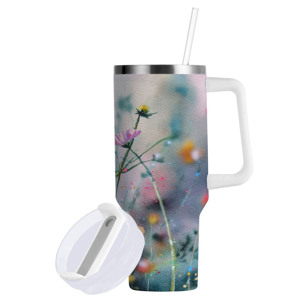 40 oz Insulated Stainless Steel Tumbler Double Wall Stainless Steel Tumbler with 2-Way Drinking Abstract Wildflowers - E6IR