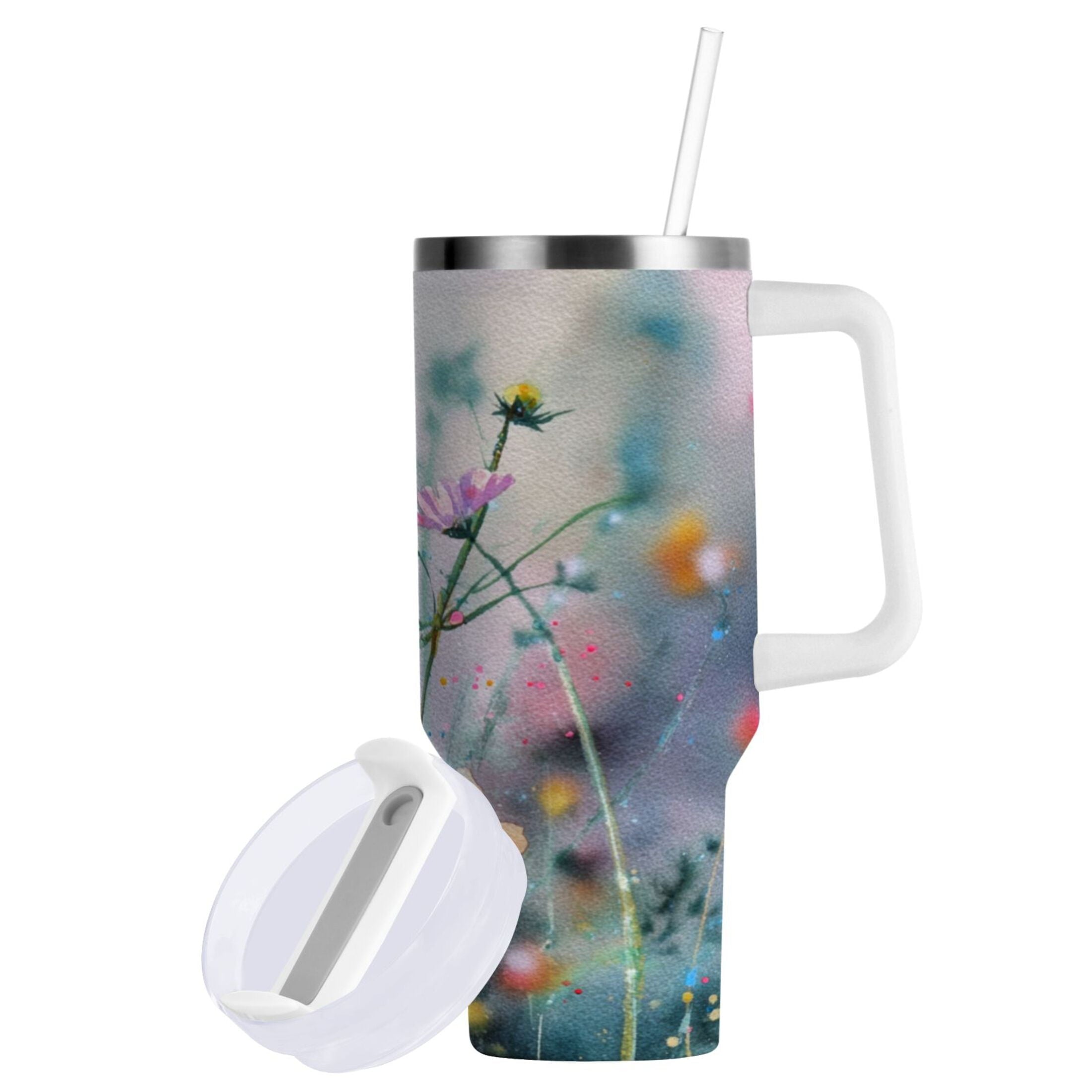 40 oz Insulated Stainless Steel Tumbler Double Wall Stainless Steel Tumbler with 2-Way Drinking Abstract Wildflowers - E6IR