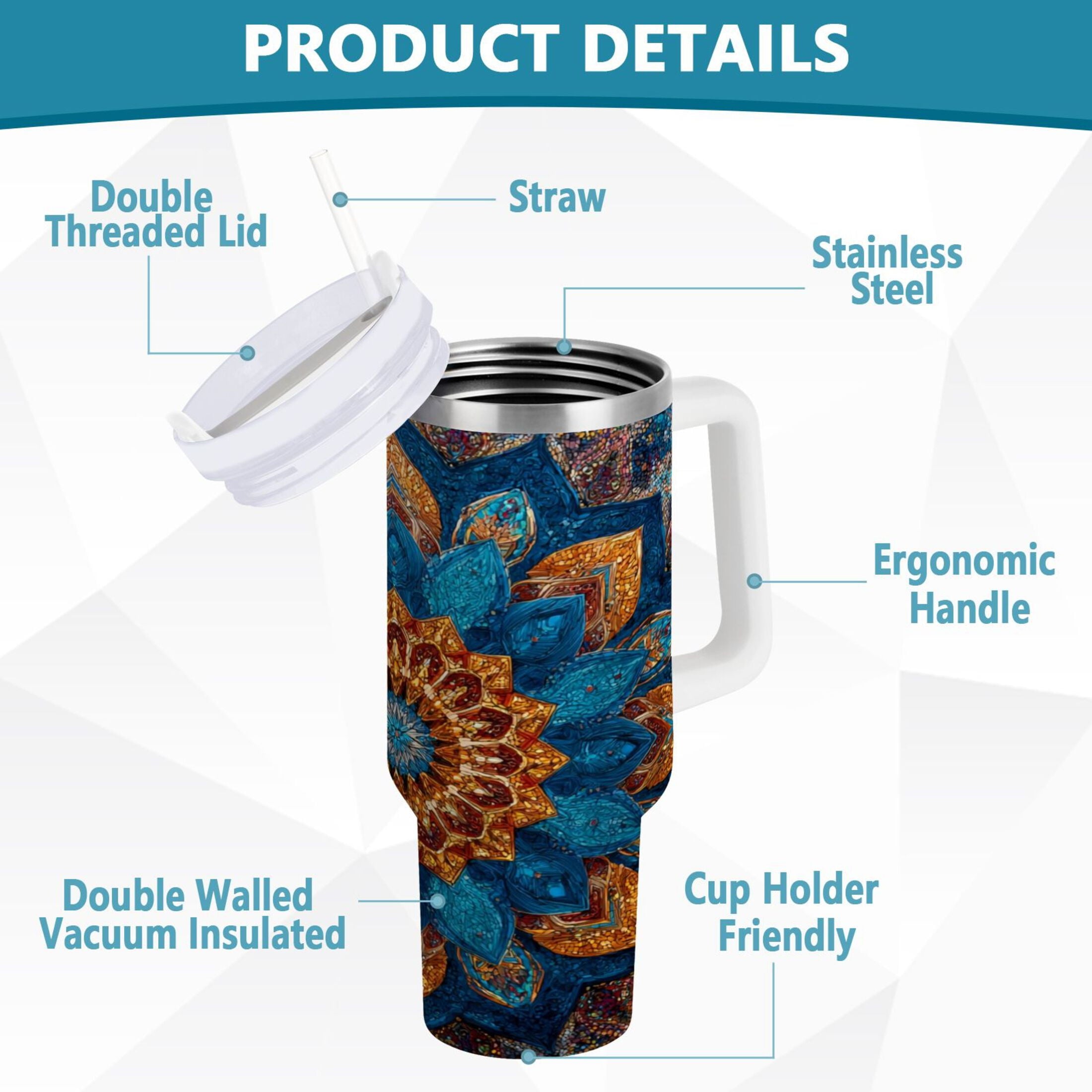 40 oz Insulated Stainless Steel Tumbler Double Wall Stainless Steel Tumbler with 2-Way Drinking Intricate Geometric Shapes - VB5O