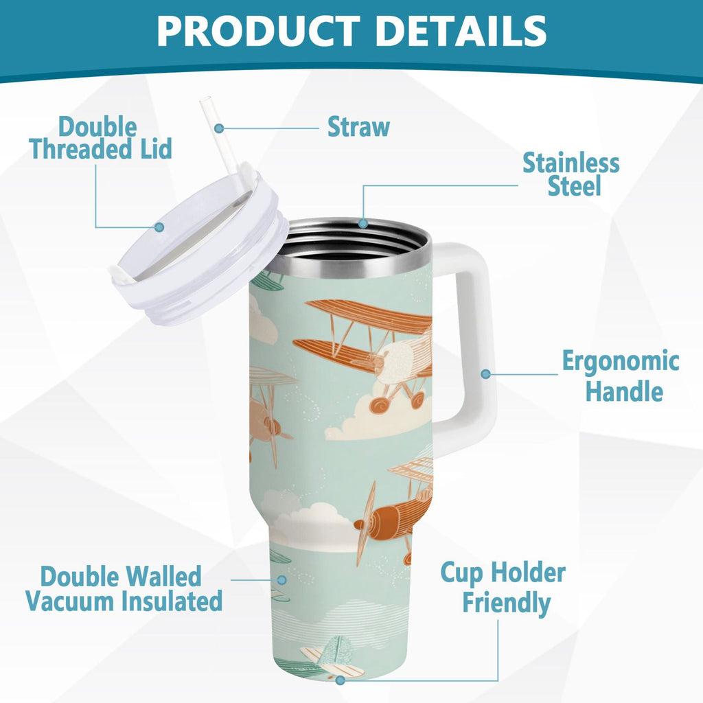 40 oz Insulated Stainless Steel Tumbler Double Wall Stainless Steel Tumbler with 2-Way Drinking Cute Airplanes - DWR7